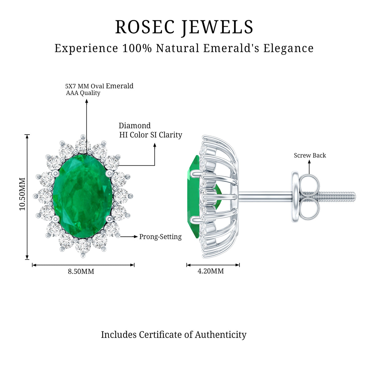 Oval Cut Natural Emerald Stud Earrings with Diamond Halo AAA - Rosec Jewels