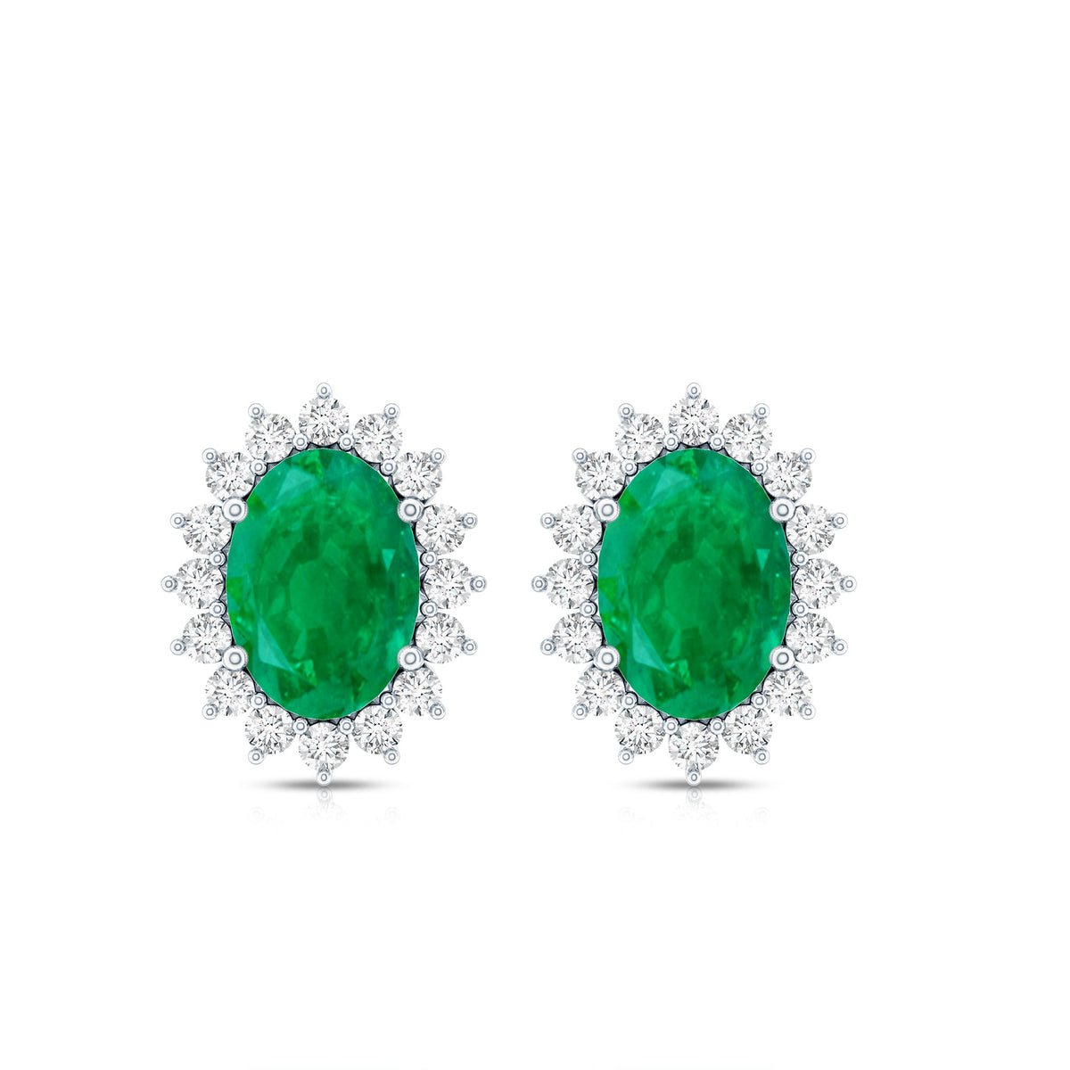 Oval Cut Natural Emerald Stud Earrings with Diamond Halo AAA - Rosec Jewels