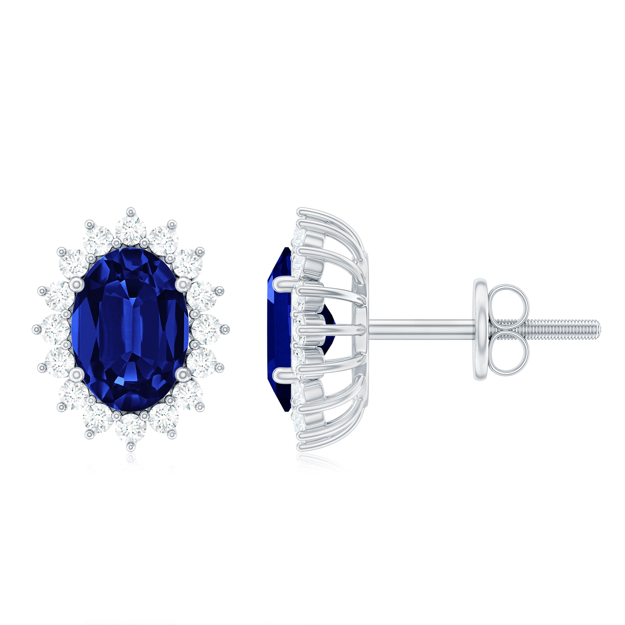 Lab Created Blue Sapphire Oval Stud Earrings with Moissanite Halo