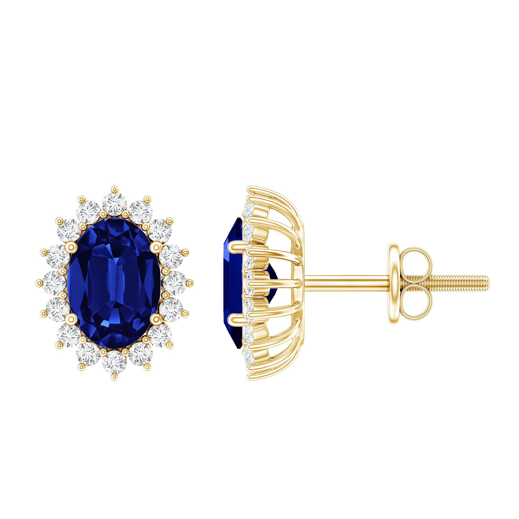 Lab Created Blue Sapphire Oval Stud Earrings with Moissanite Halo AAAA - Rosec Jewels