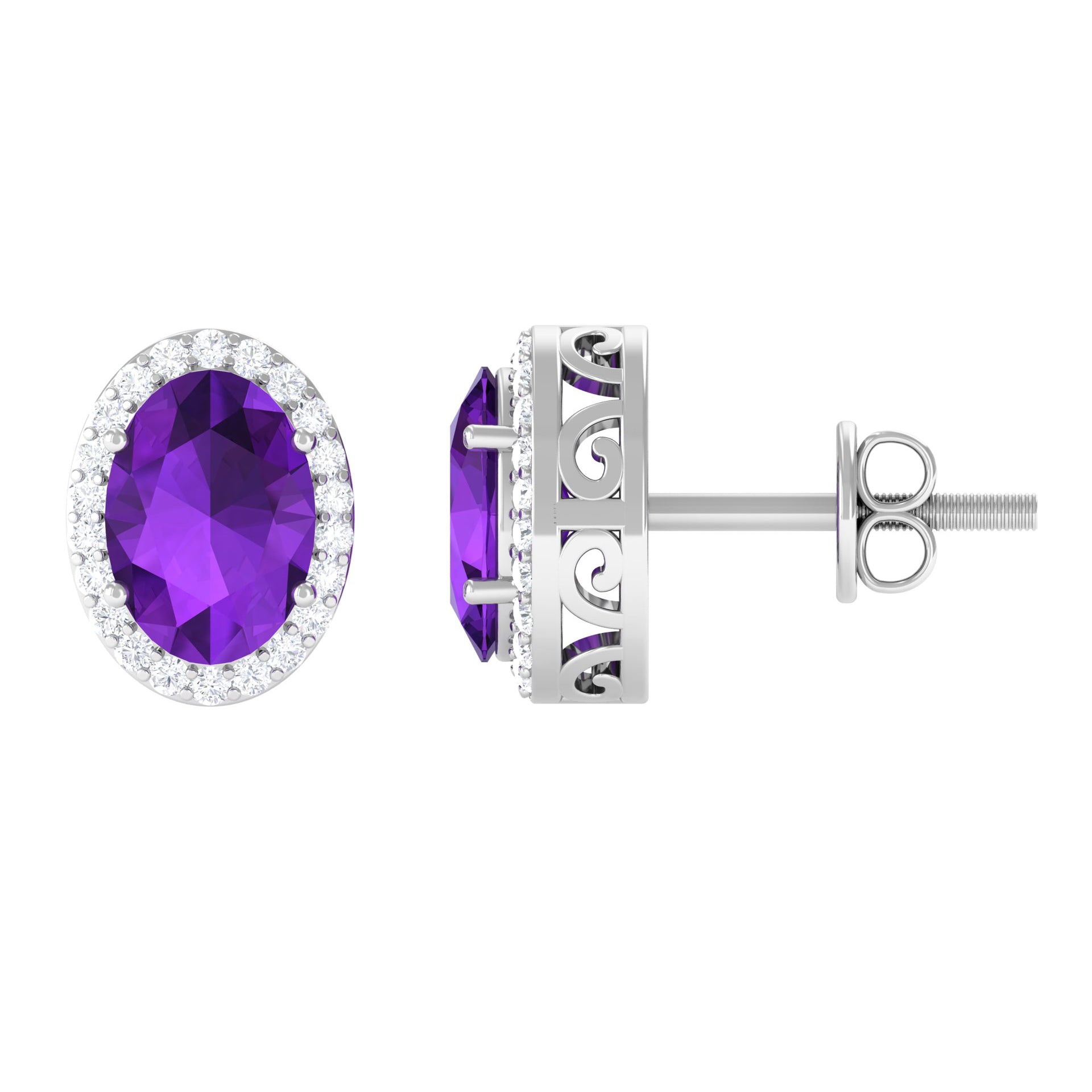 Certified Natural Amethyst Stud Earrings with Diamond Halo