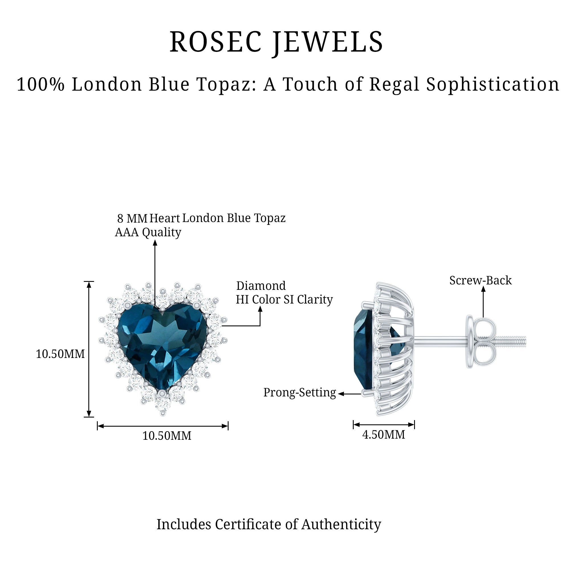 Heart Shape London Blue Topaz and Diamond Stud Earrings AAA - Rosec Jewels