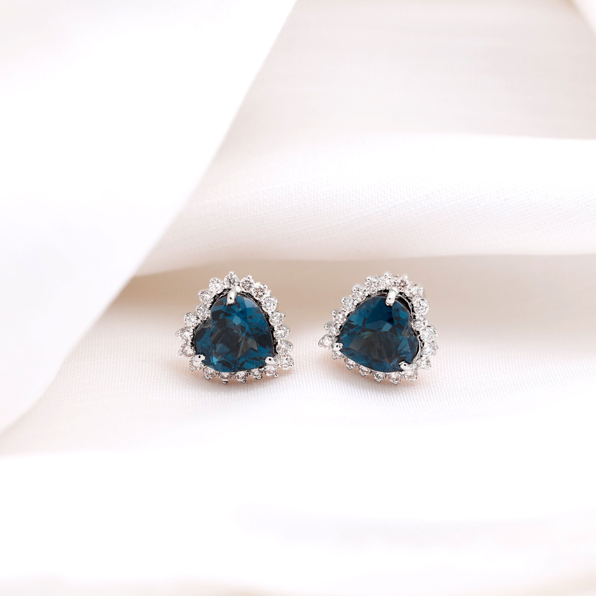 Heart Shape London Blue Topaz and Diamond Stud Earrings AAA - Rosec Jewels
