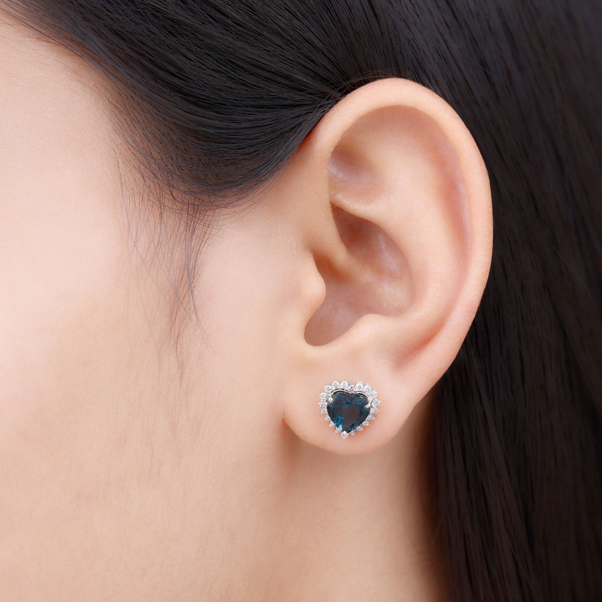 Heart Shape London Blue Topaz and Diamond Stud Earrings AAA - Rosec Jewels