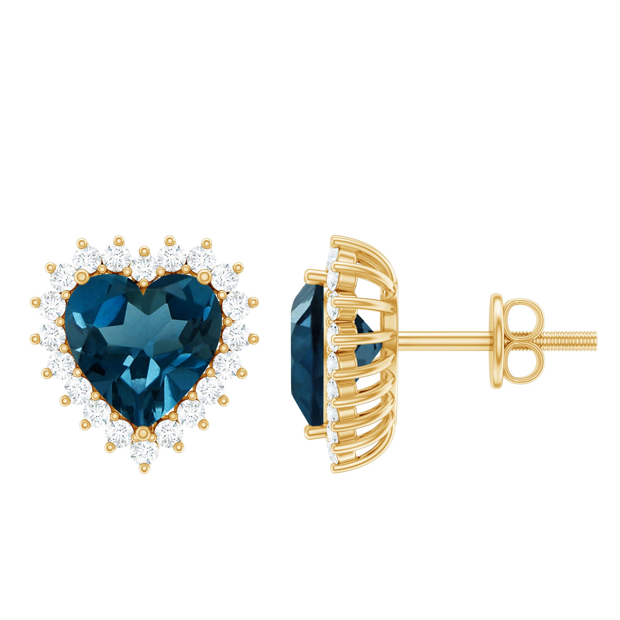 Heart Shape London Blue Topaz and Diamond Stud Earrings AAA - Rosec Jewels