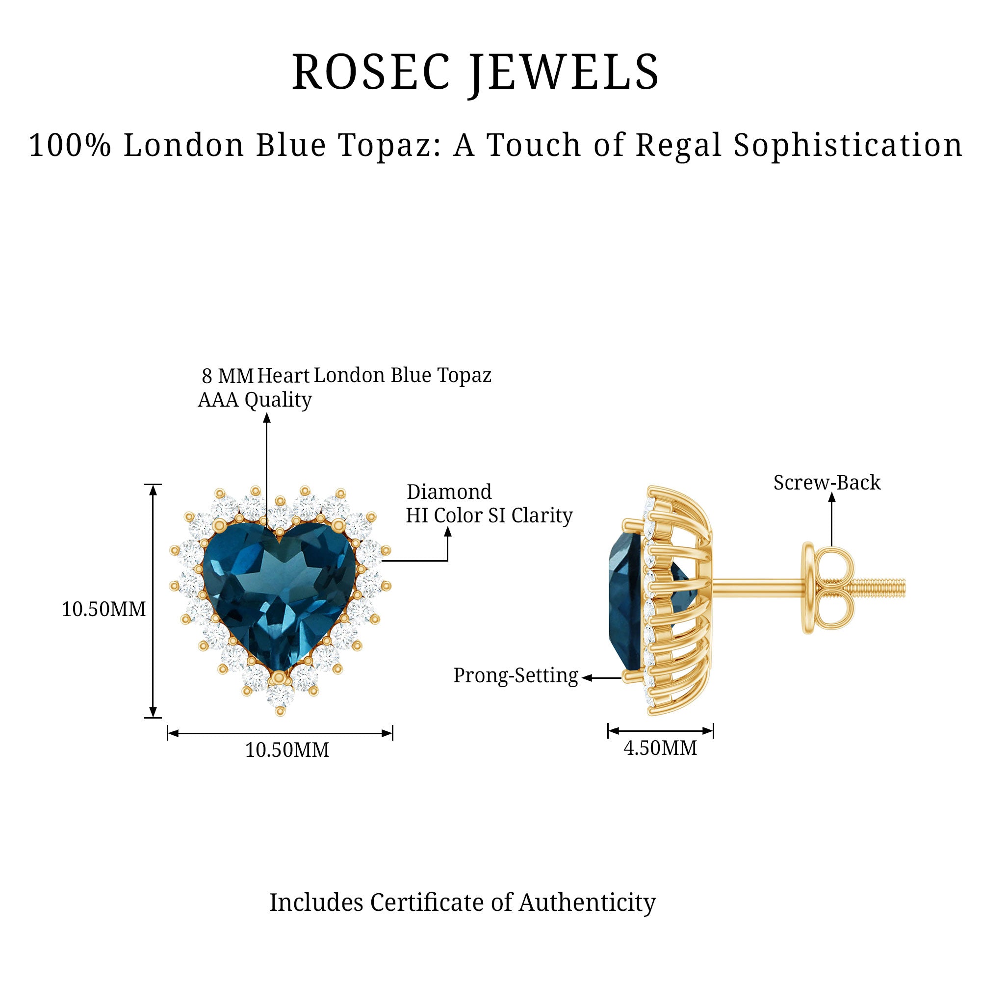 Heart Shape London Blue Topaz and Diamond Stud Earrings AAA - Rosec Jewels