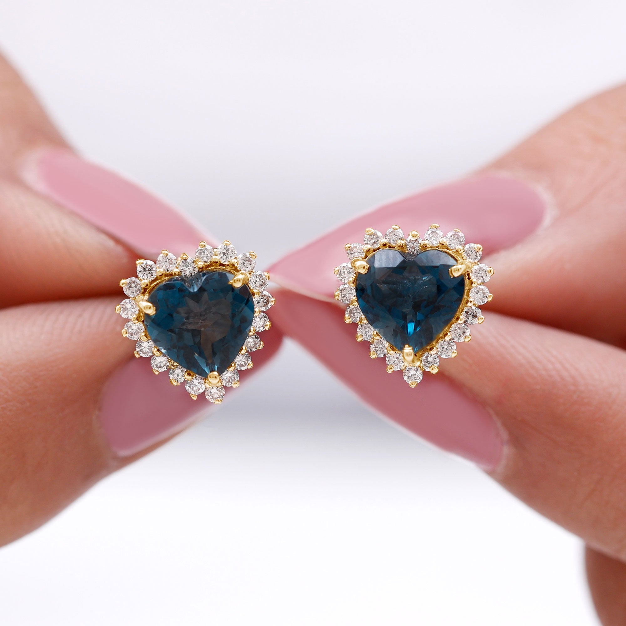Heart Shape London Blue Topaz and Diamond Stud Earrings AAA - Rosec Jewels