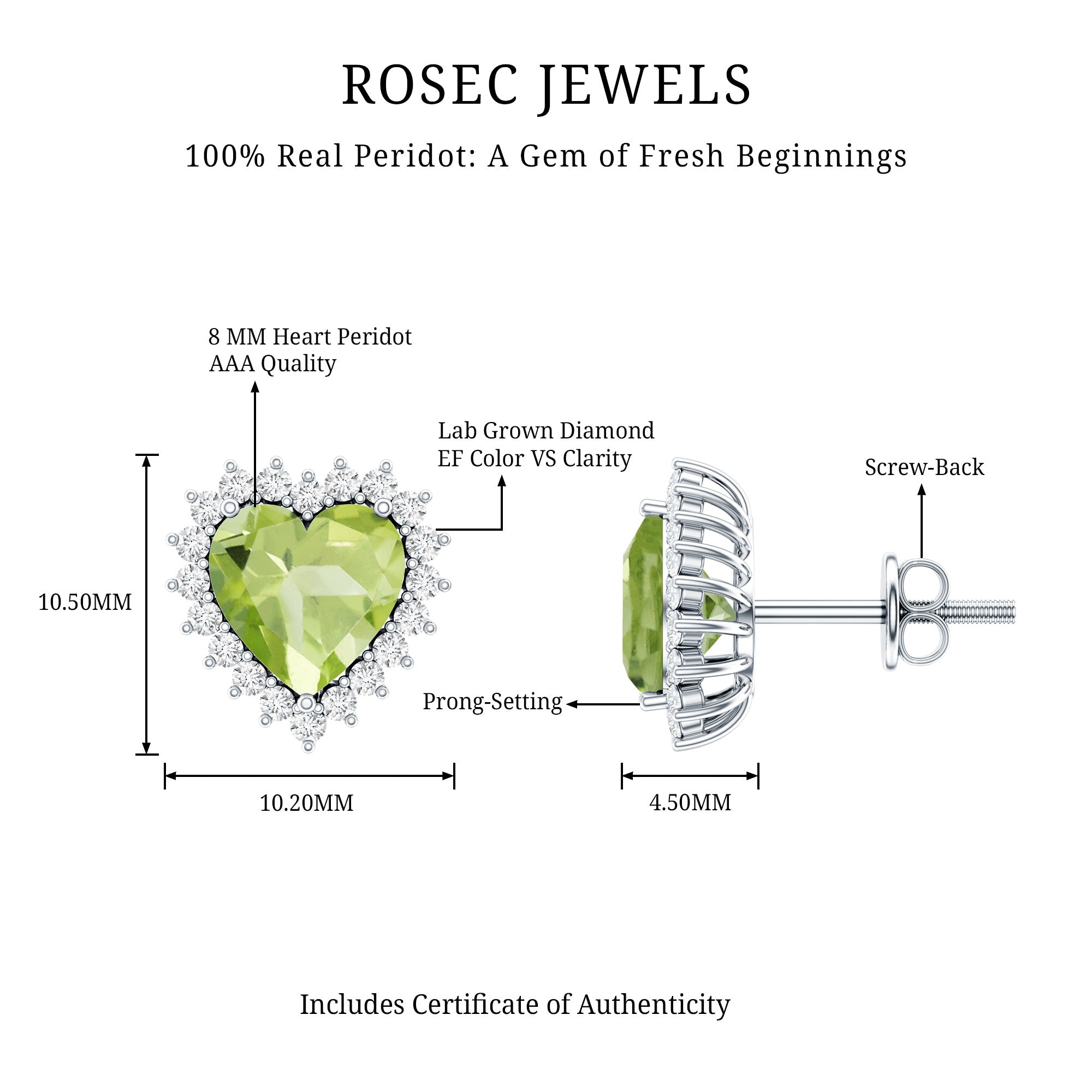 4.2 Carat Peridot Heart Stud Earrings with Diamond Halo AAA - Rosec Jewels