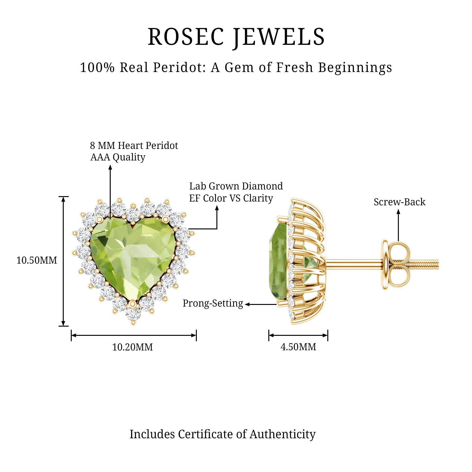 4.2 Carat Peridot Heart Stud Earrings with Diamond Halo AAA - Rosec Jewels