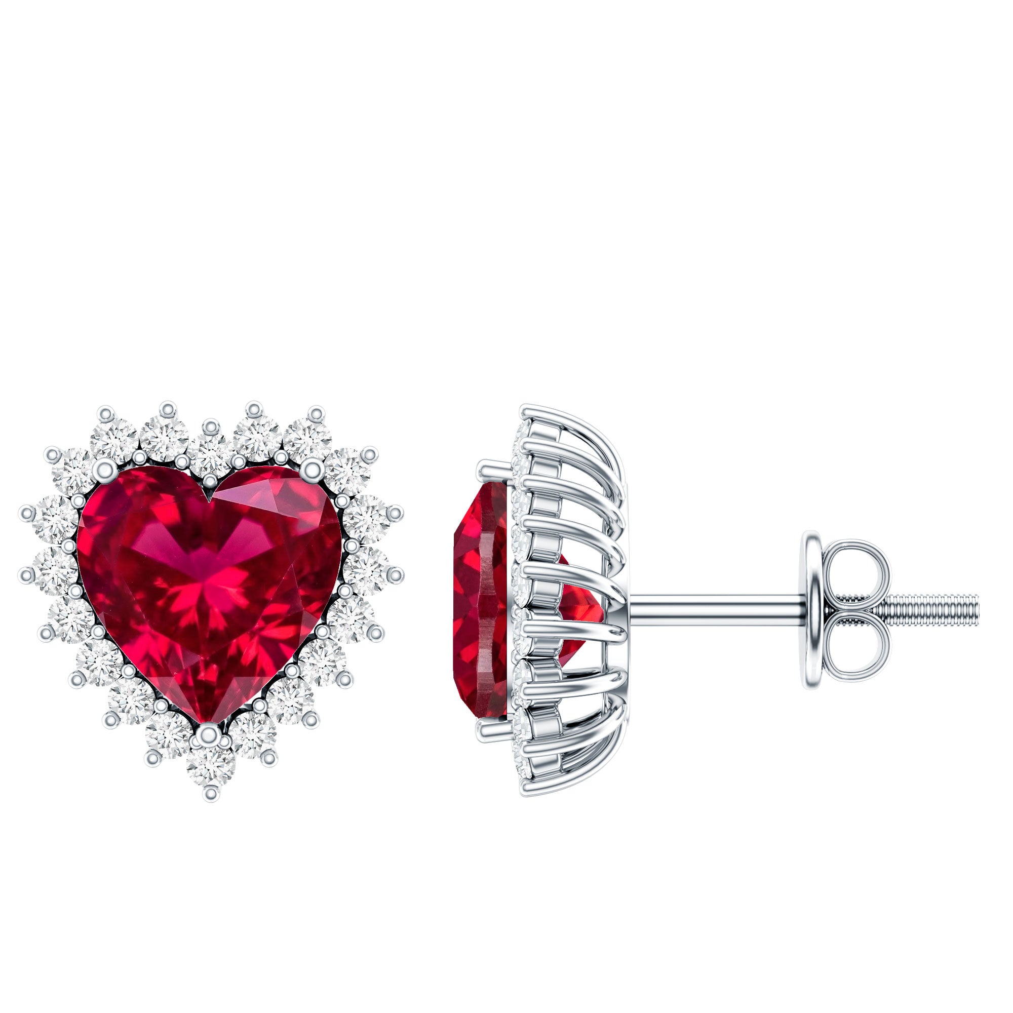 Lab Created Ruby Heart Studs with Diamond Halo AAAA - Rosec Jewels
