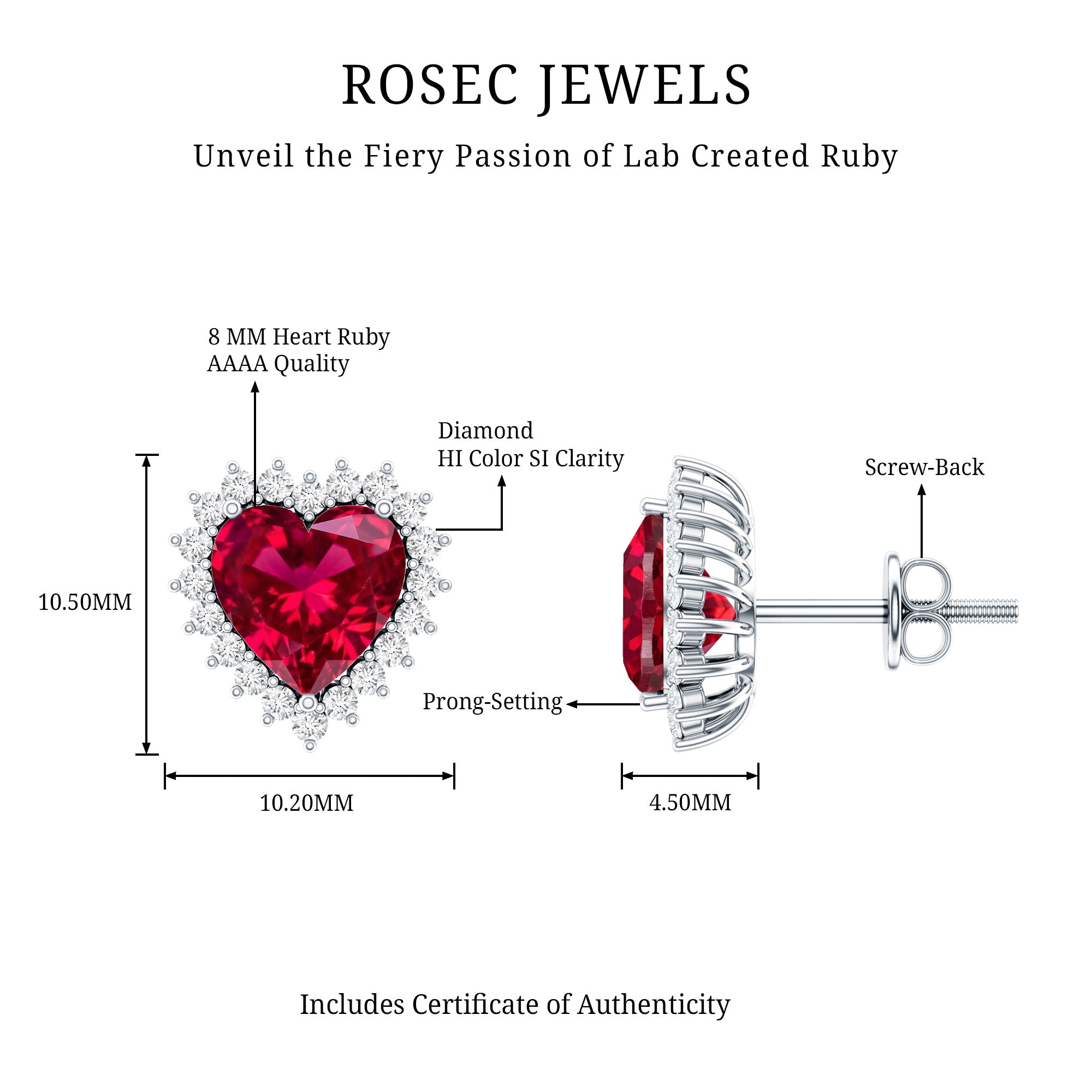 Lab Created Ruby Heart Studs with Diamond Halo AAAA - Rosec Jewels