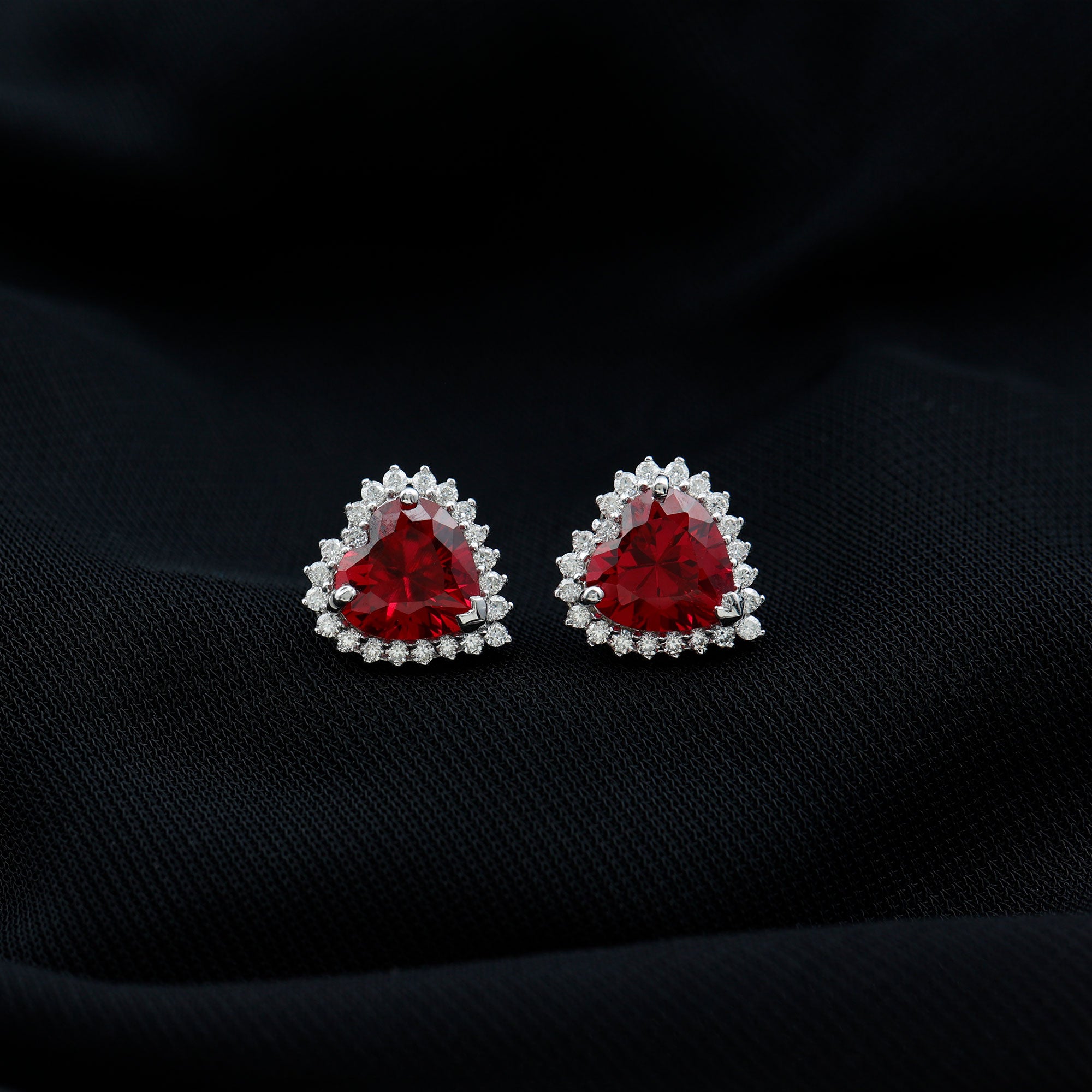 Lab Created Ruby Heart Studs with Diamond Halo AAAA - Rosec Jewels