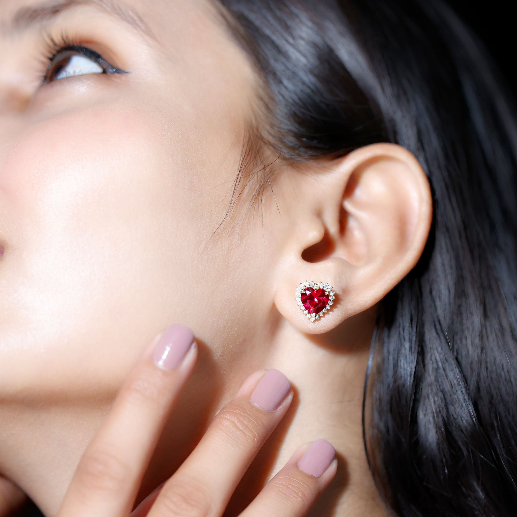 Lab Created Ruby Heart Studs with Diamond Halo AAAA - Rosec Jewels