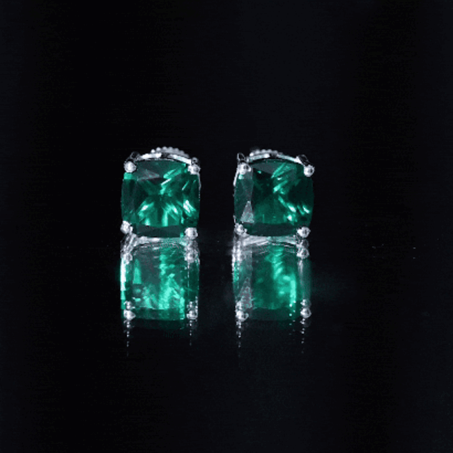 4.2 Carat Cushion Cut Created Emerald Solitaire Stud Earring AAAA - Rosec Jewels