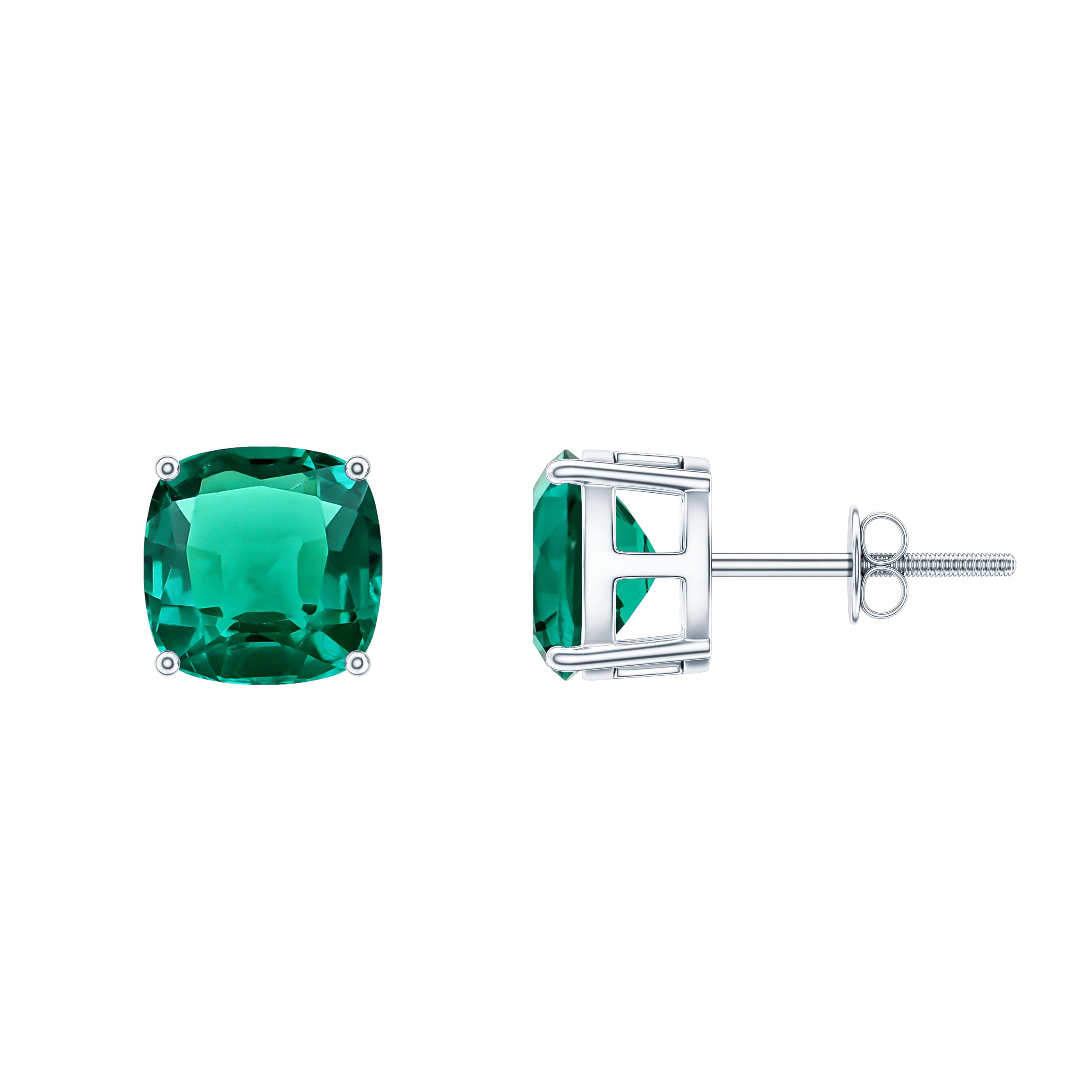 4.2 Carat Cushion Cut Created Emerald Solitaire Stud Earring AAAA - Rosec Jewels