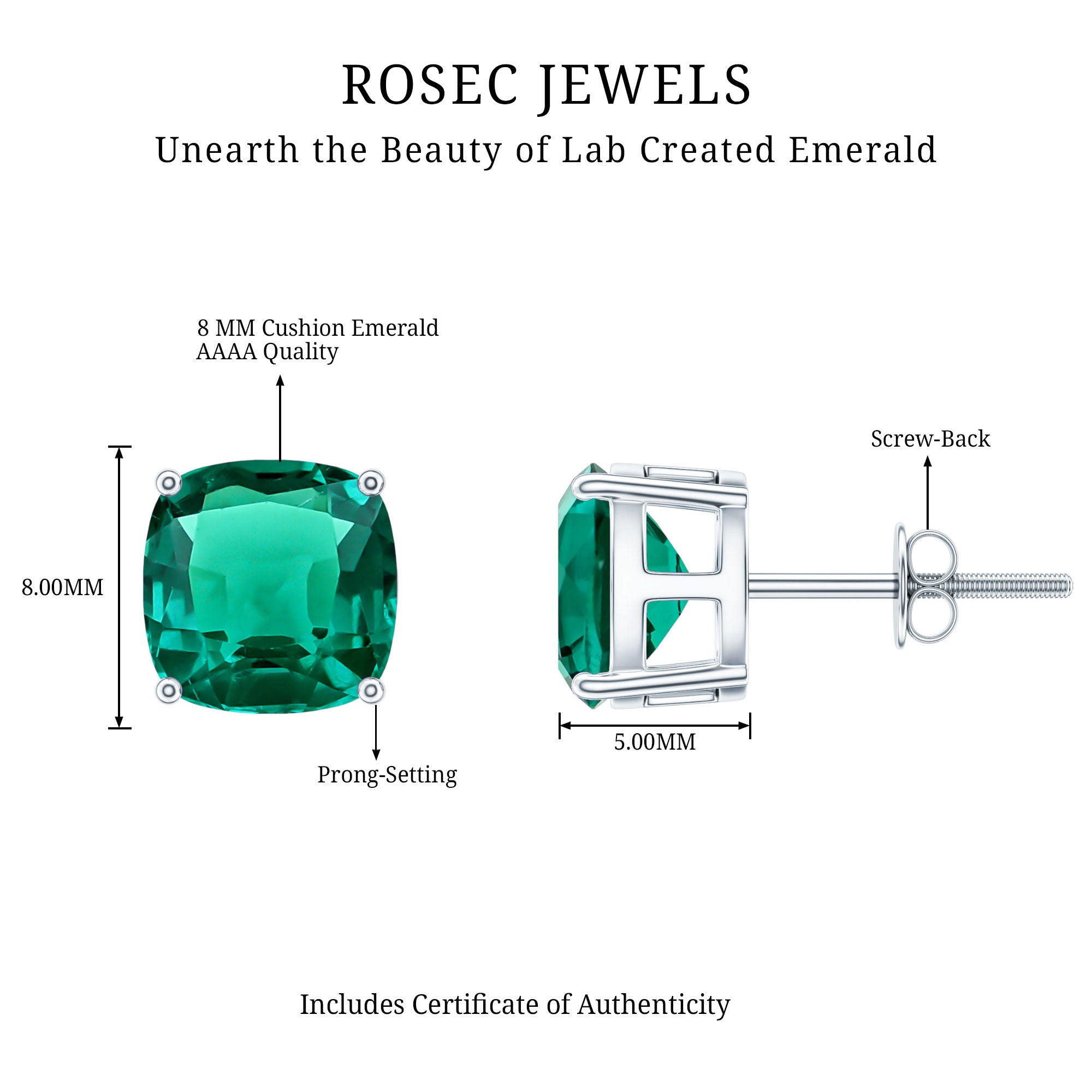 4.2 Carat Cushion Cut Created Emerald Solitaire Stud Earring AAAA - Rosec Jewels