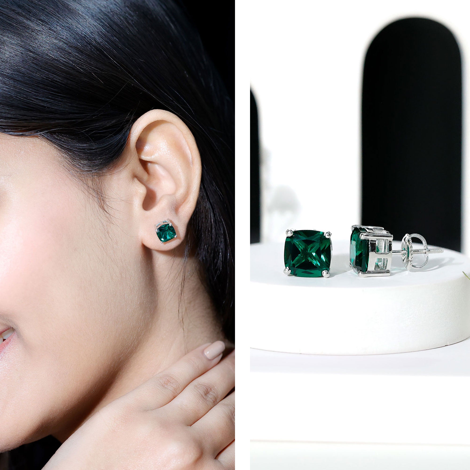 4.2 Carat Cushion Cut Created Emerald Solitaire Stud Earring AAAA - Rosec Jewels
