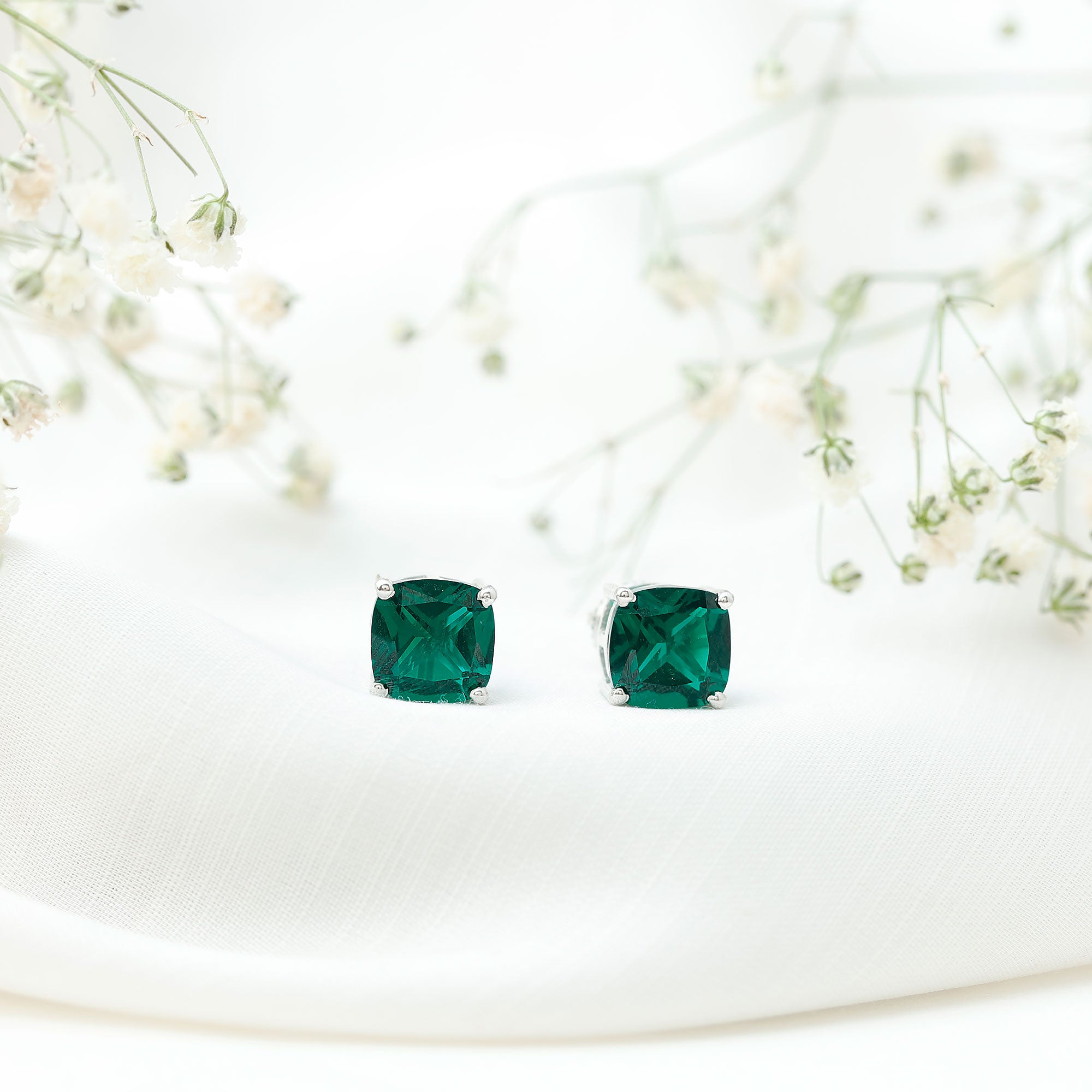 4.2 Carat Cushion Cut Created Emerald Solitaire Stud Earring AAAA - Rosec Jewels