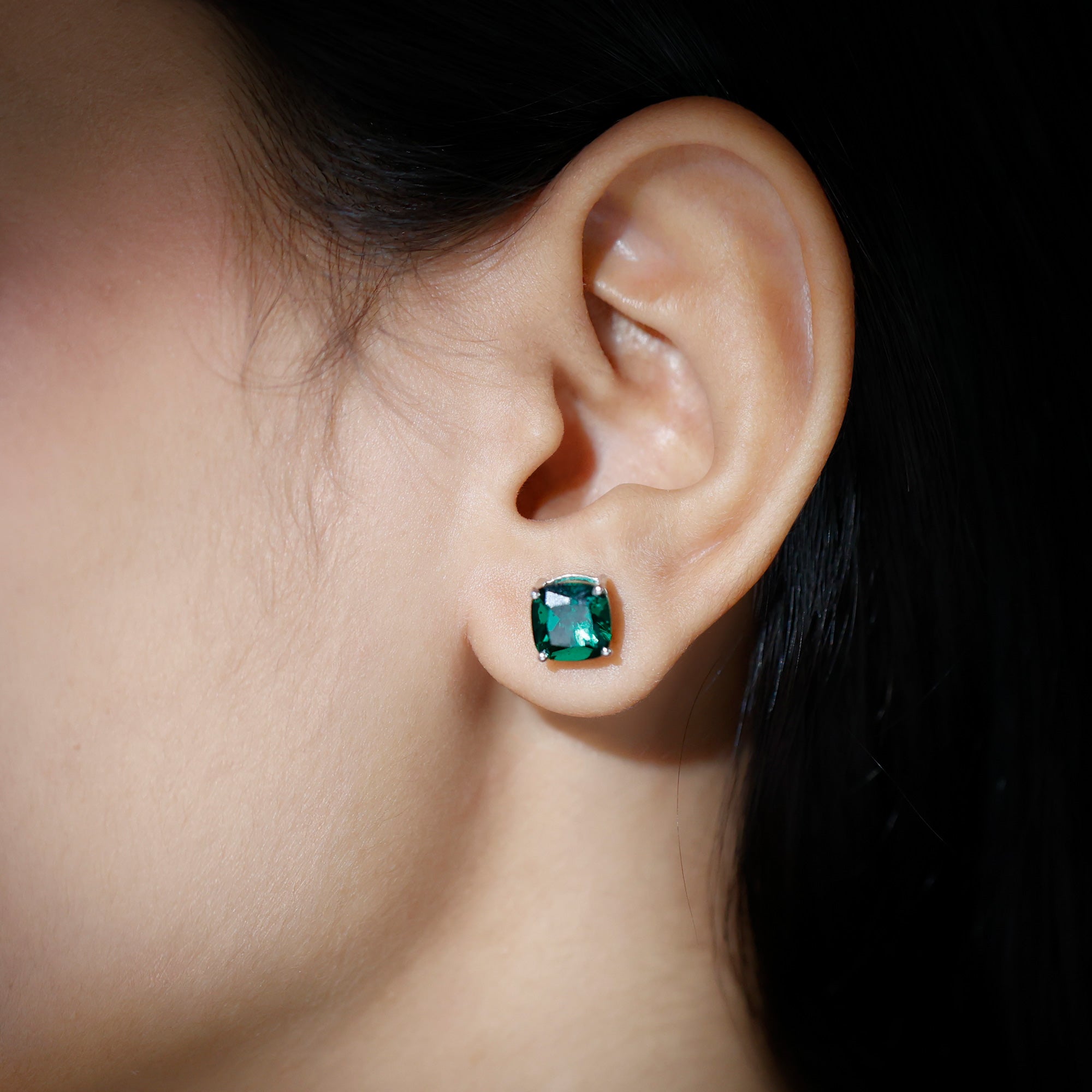 4.2 Carat Cushion Cut Created Emerald Solitaire Stud Earring AAAA - Rosec Jewels