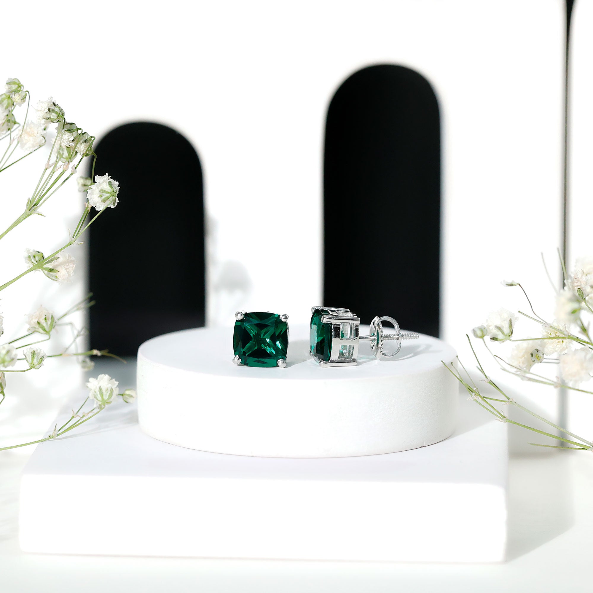 4.2 Carat Cushion Cut Created Emerald Solitaire Stud Earring AAAA - Rosec Jewels