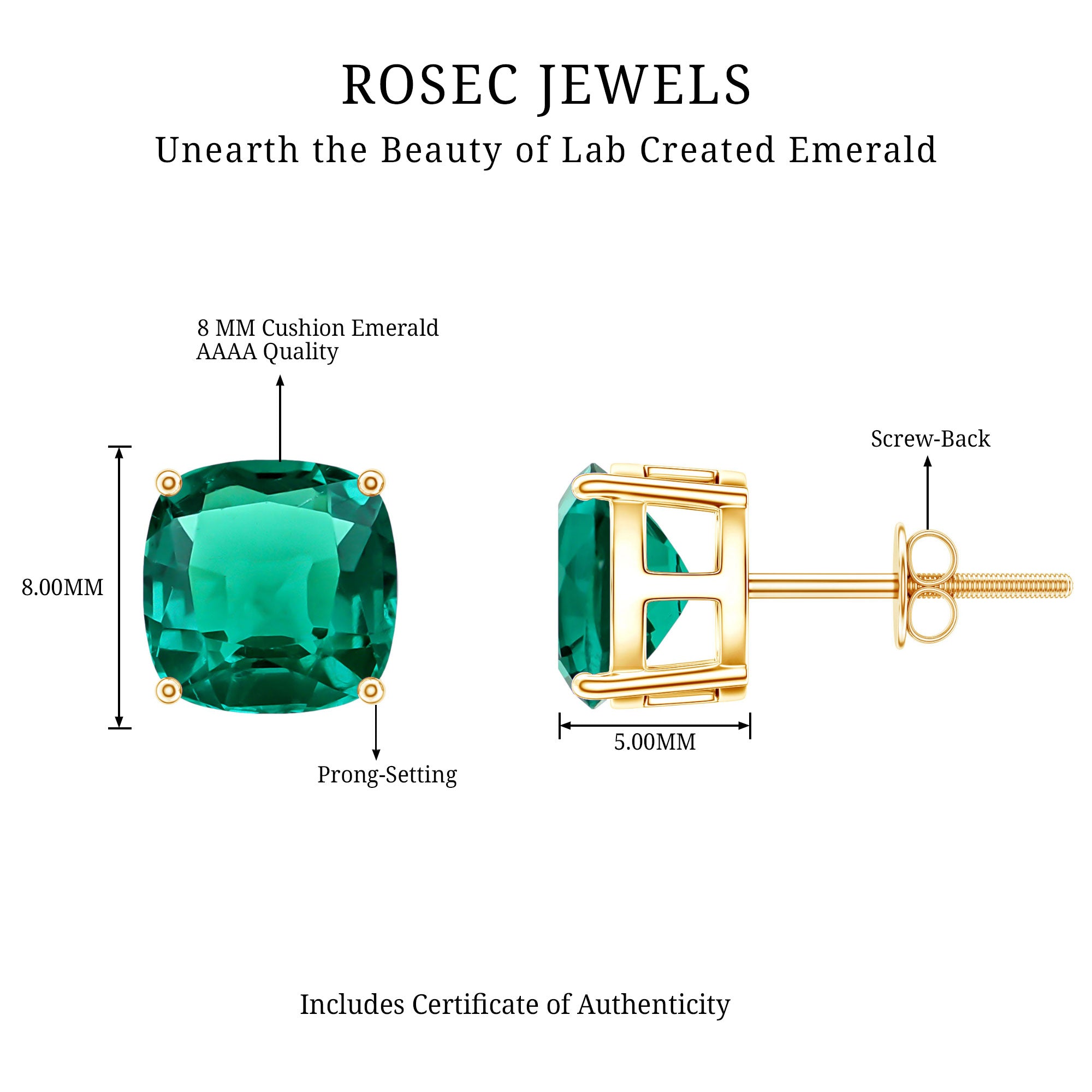 4.2 Carat Cushion Cut Created Emerald Solitaire Stud Earring AAAA - Rosec Jewels