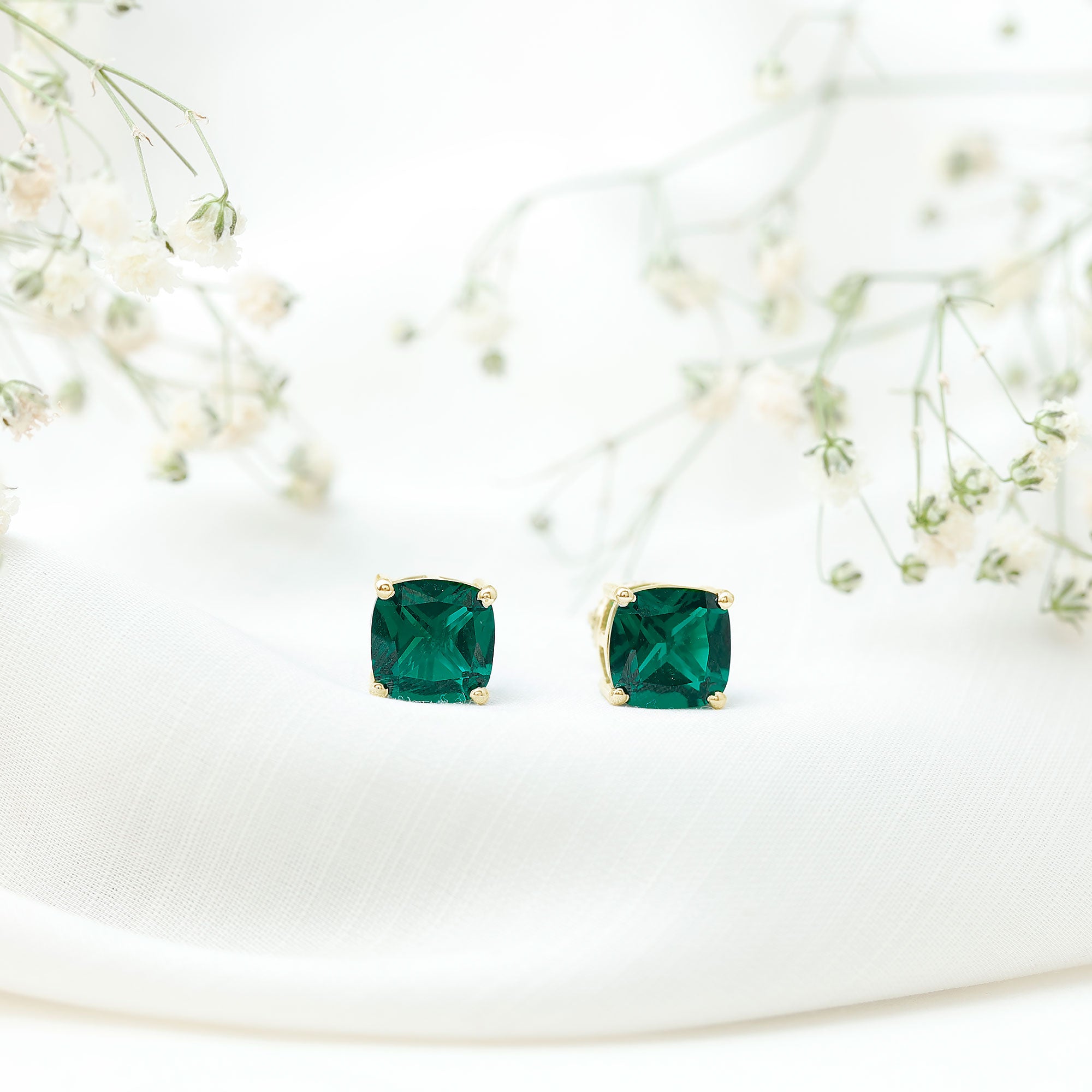 4.2 Carat Cushion Cut Created Emerald Solitaire Stud Earring AAAA - Rosec Jewels