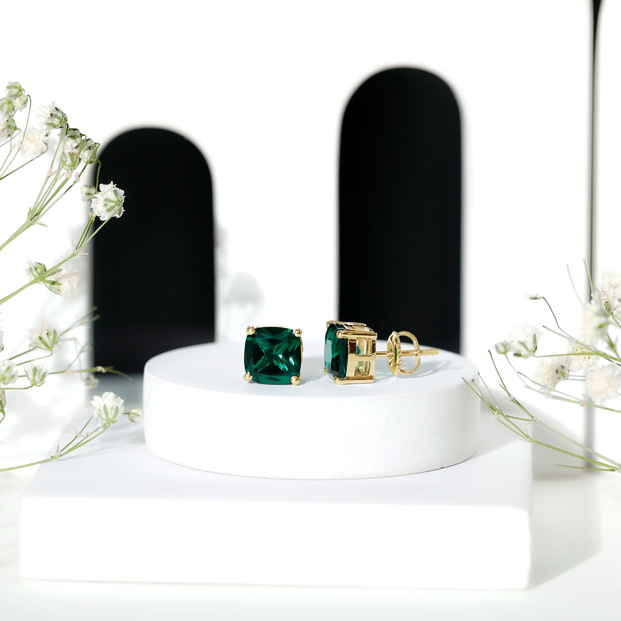 4.2 Carat Cushion Cut Created Emerald Solitaire Stud Earring AAAA - Rosec Jewels