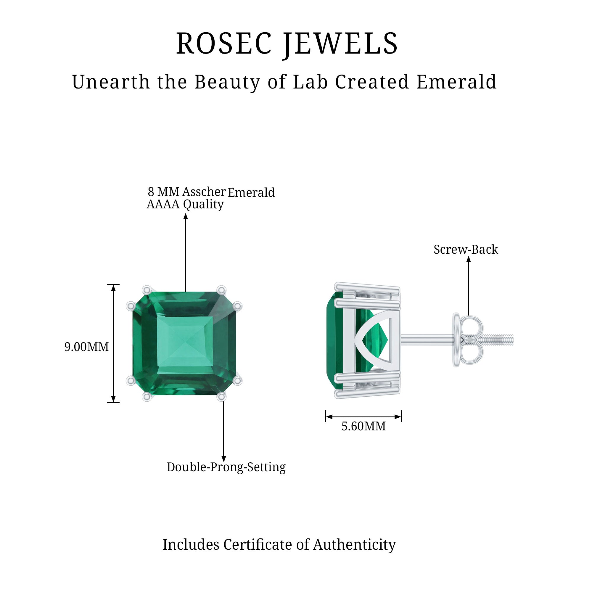 Certified Asscher Cut Lab Grown Emerald Stud Earrings in Double Prongs AAAA - Rosec Jewels