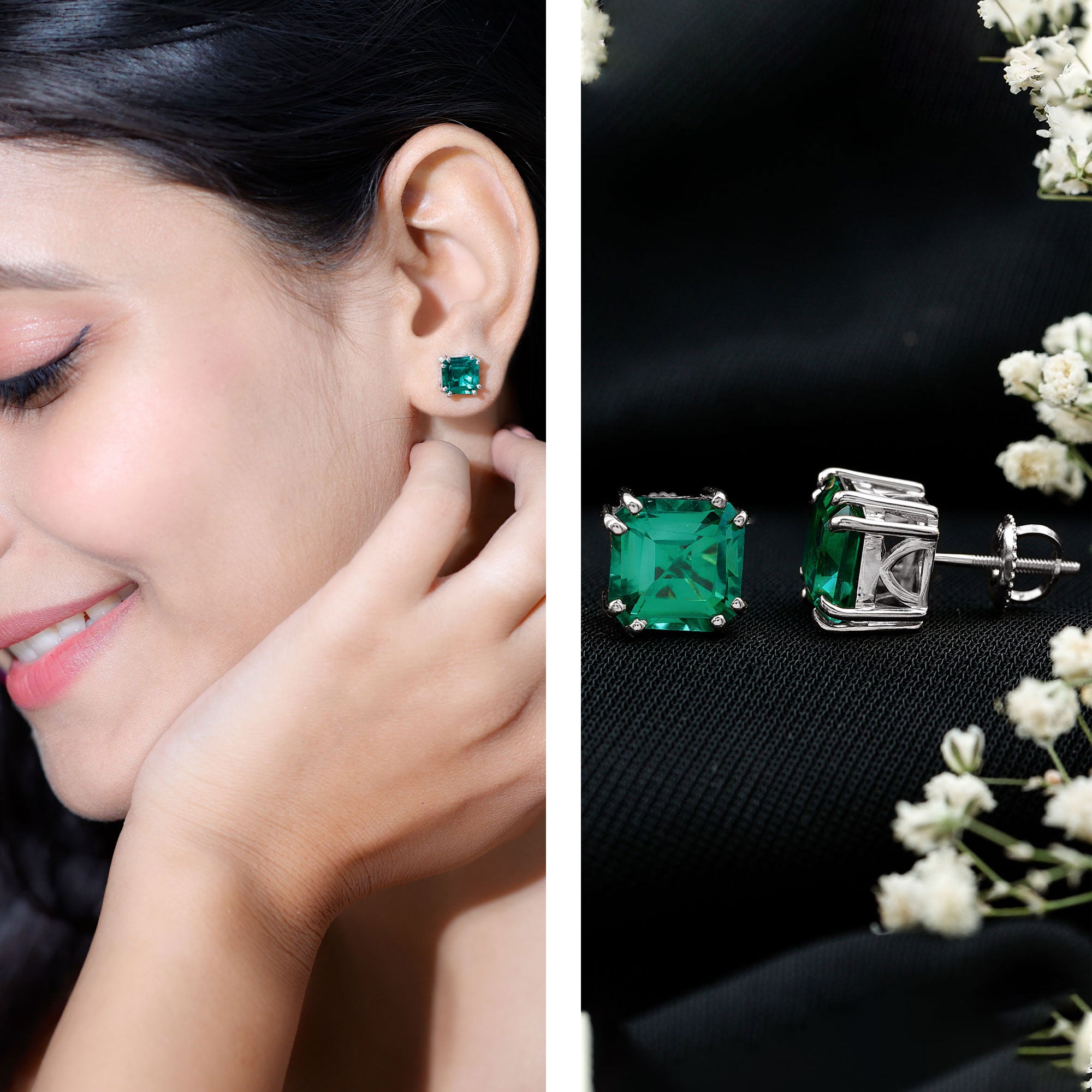 Certified Asscher Cut Lab Grown Emerald Stud Earrings in Double Prongs AAAA - Rosec Jewels