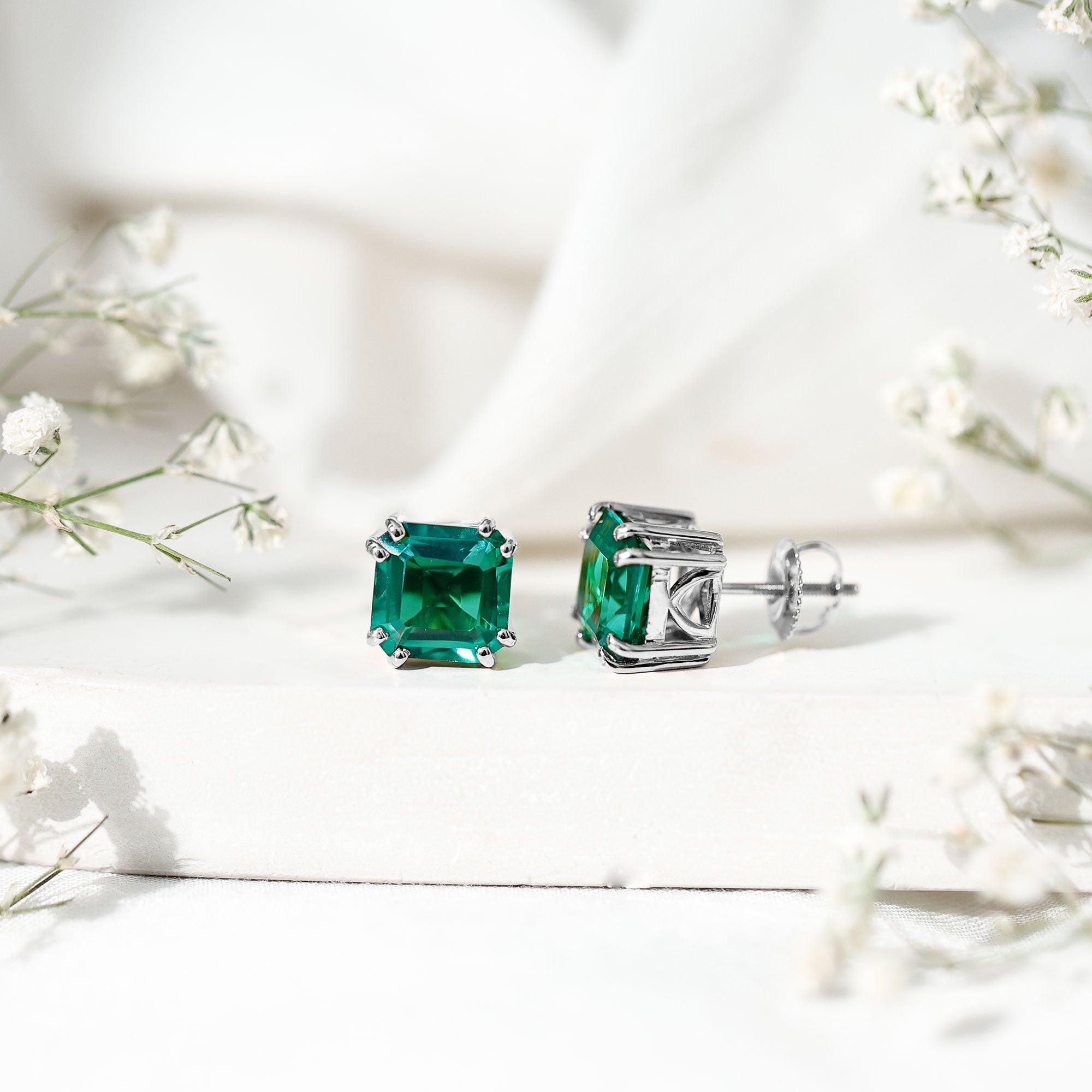 Certified Asscher Cut Lab Grown Emerald Stud Earrings in Double Prongs AAAA - Rosec Jewels