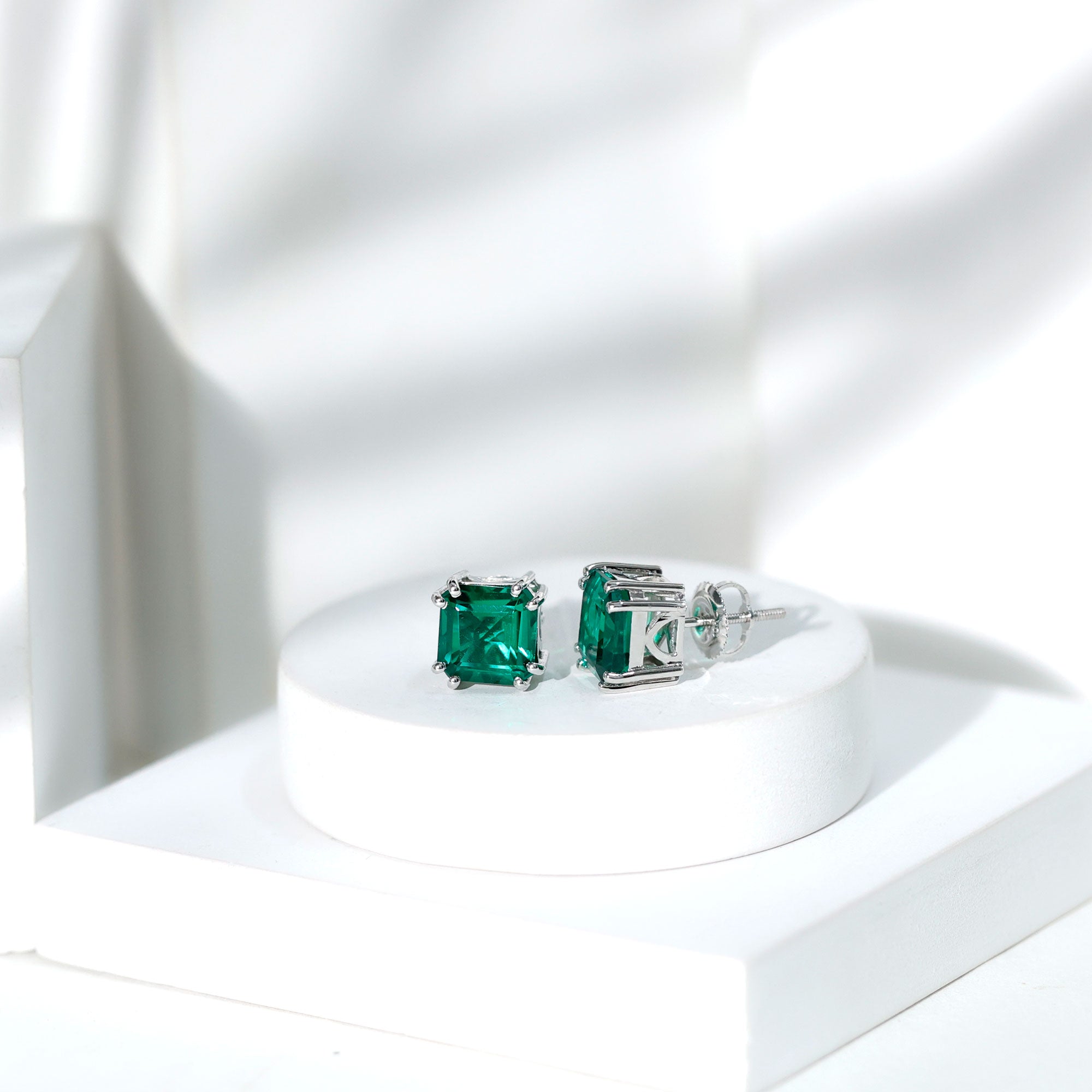 Certified Asscher Cut Lab Grown Emerald Stud Earrings in Double Prongs AAAA - Rosec Jewels