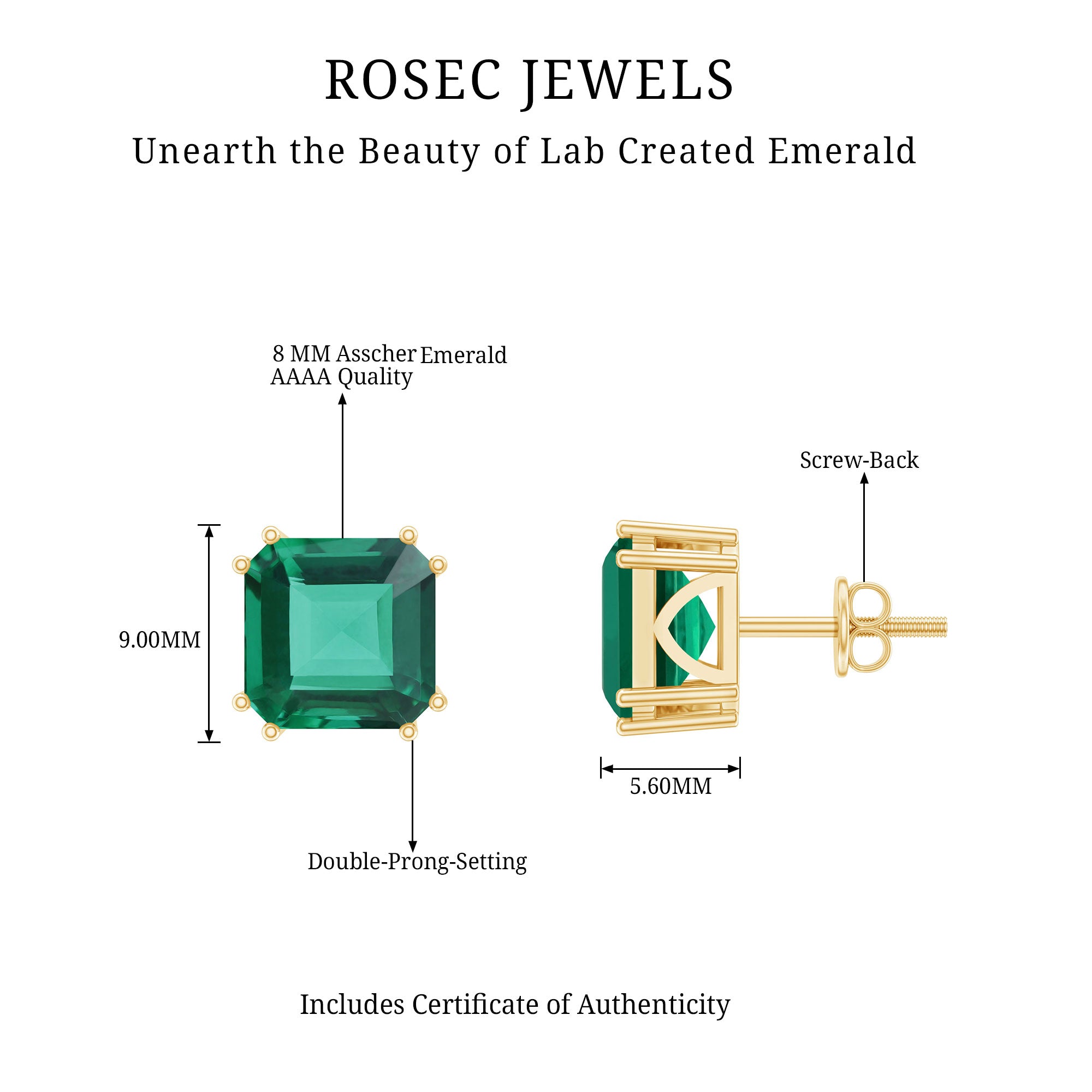 Certified Asscher Cut Lab Grown Emerald Stud Earrings in Double Prongs AAAA - Rosec Jewels
