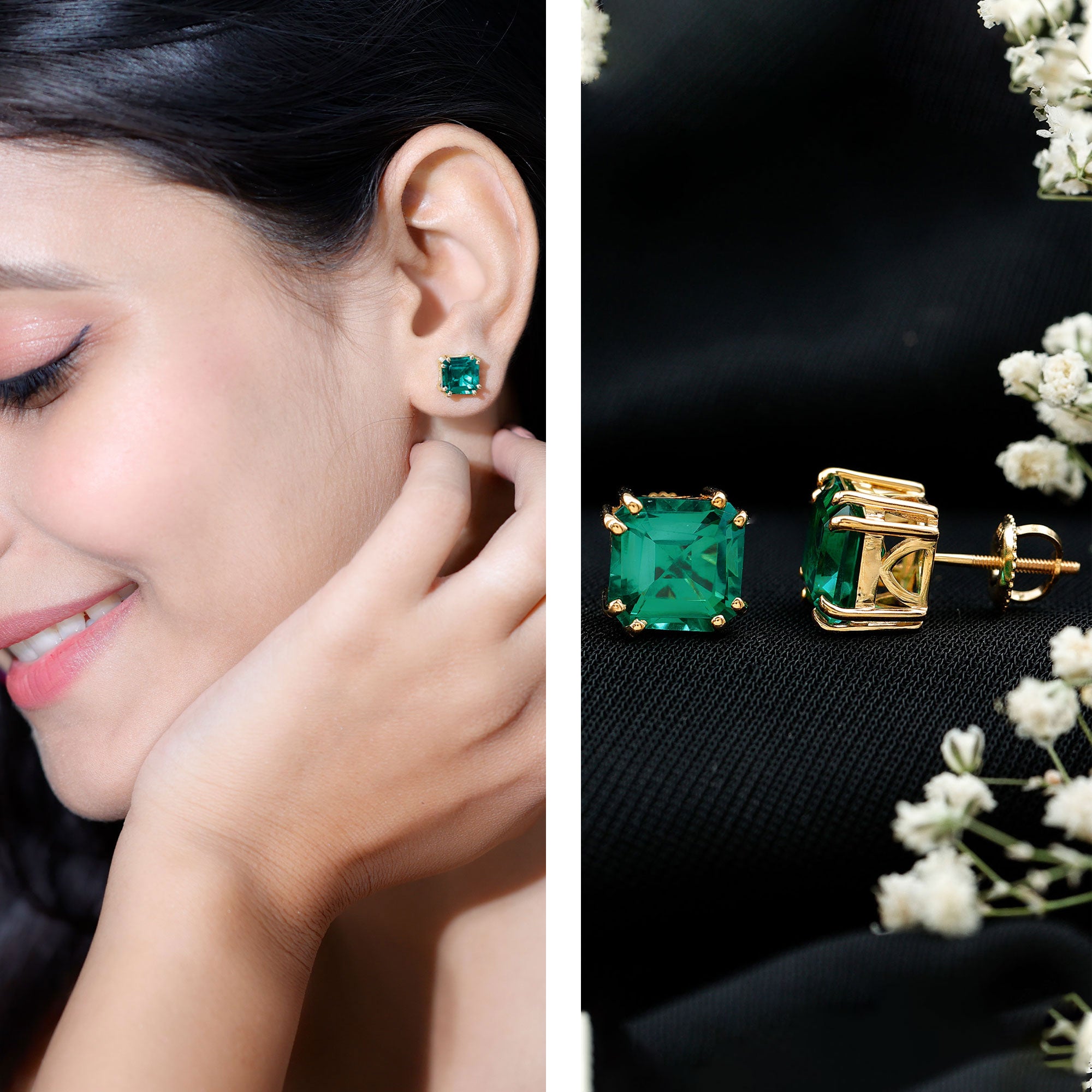 Certified Asscher Cut Lab Grown Emerald Stud Earrings in Double Prongs AAAA - Rosec Jewels