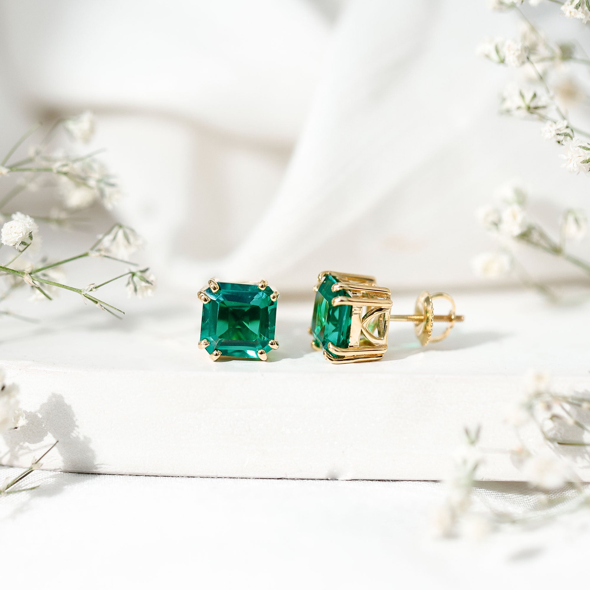 Certified Asscher Cut Lab Grown Emerald Stud Earrings in Double Prongs AAAA - Rosec Jewels