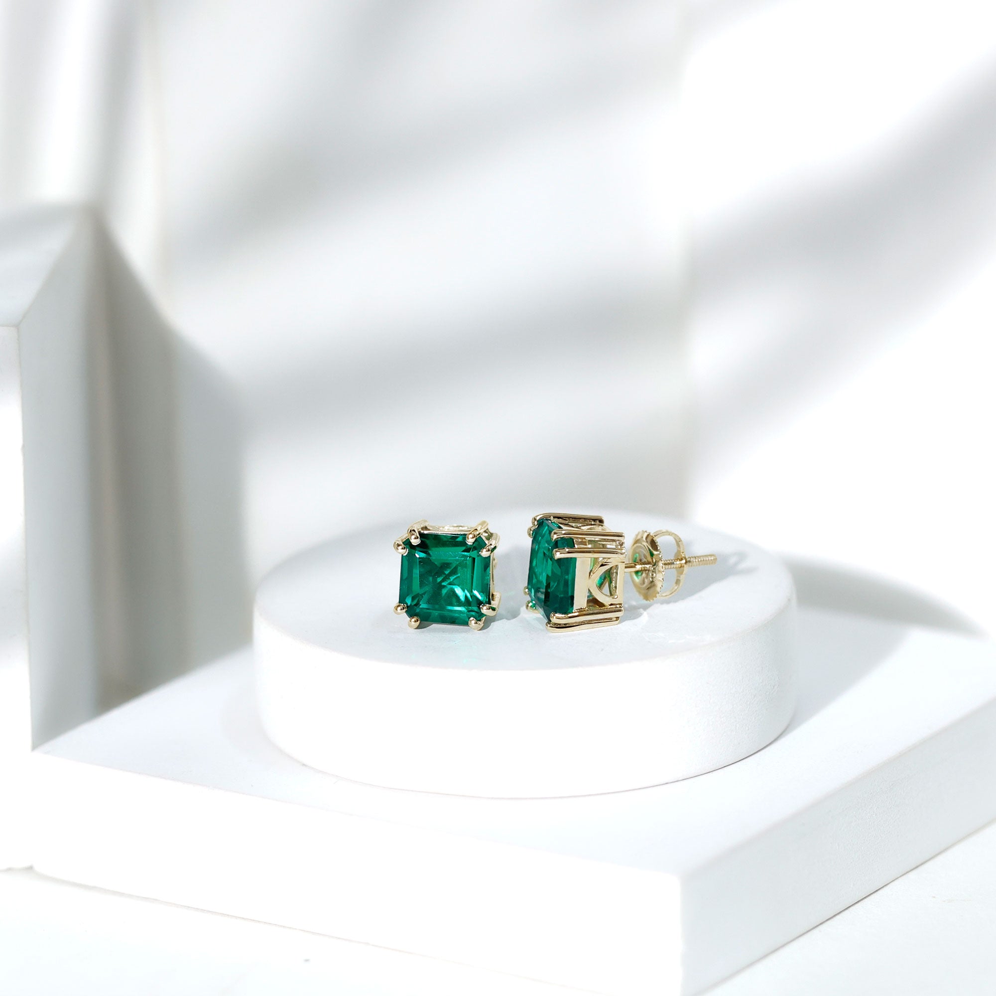 Certified Asscher Cut Lab Grown Emerald Stud Earrings in Double Prongs AAAA - Rosec Jewels