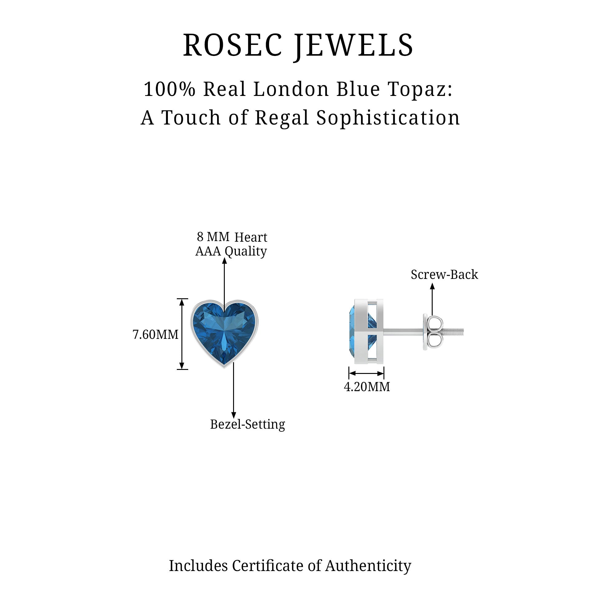 3 CT London Blue Topaz Heart Stud Earrings for Women AAA - Rosec Jewels