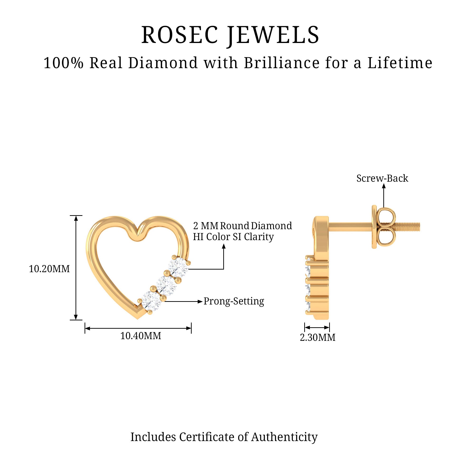 Diamond Heart Shape Stud Earring for Women Natural - ( HI-SI ) - Rosec Jewels