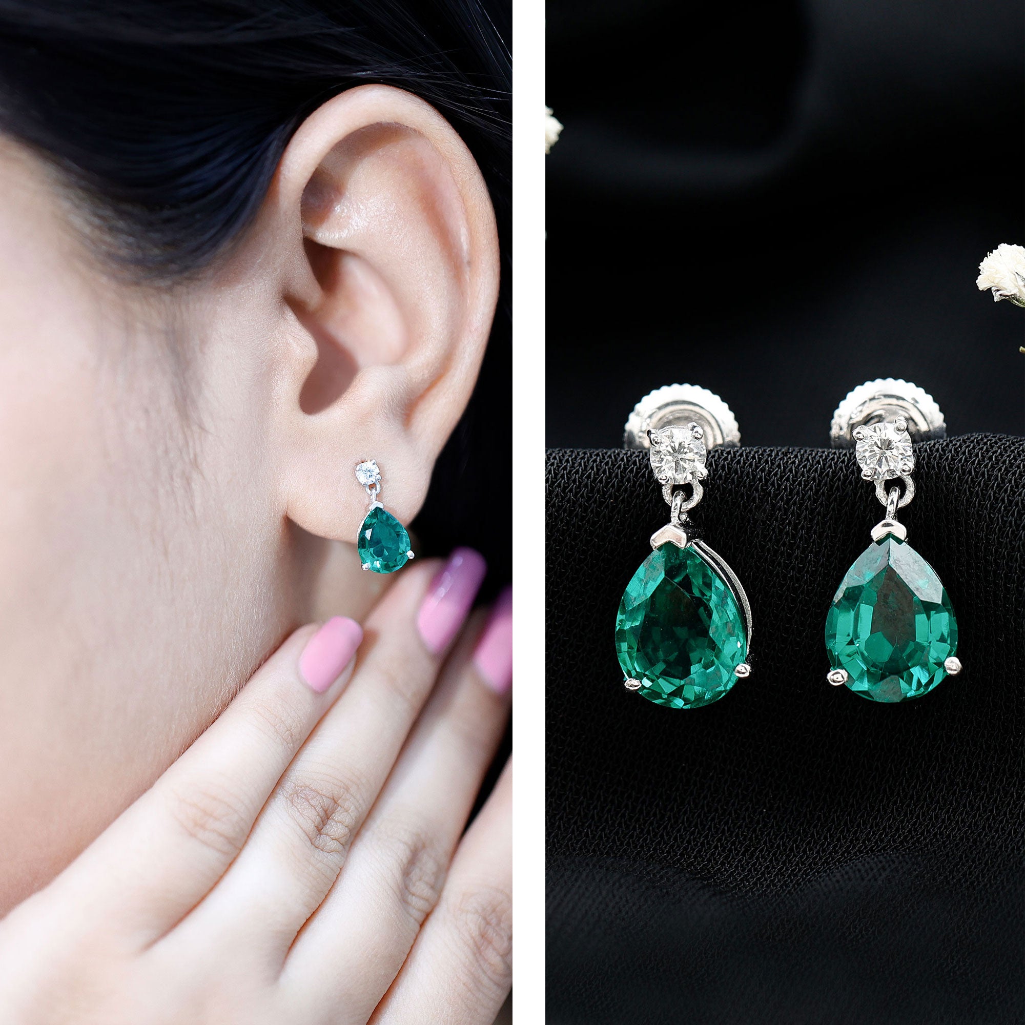 3.4 Carat Pear Cut Lab Created Emerald and Diamond Teardrop Earrings AAAA - Rosec Jewels