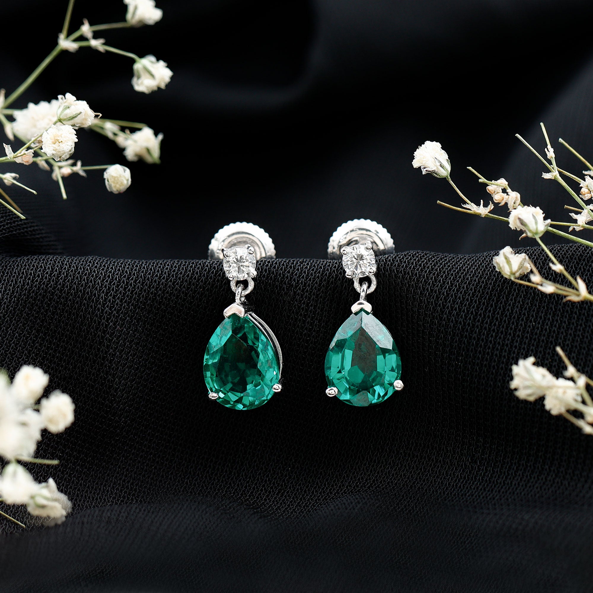 3.4 Carat Pear Cut Lab Created Emerald and Diamond Teardrop Earrings AAAA - Rosec Jewels