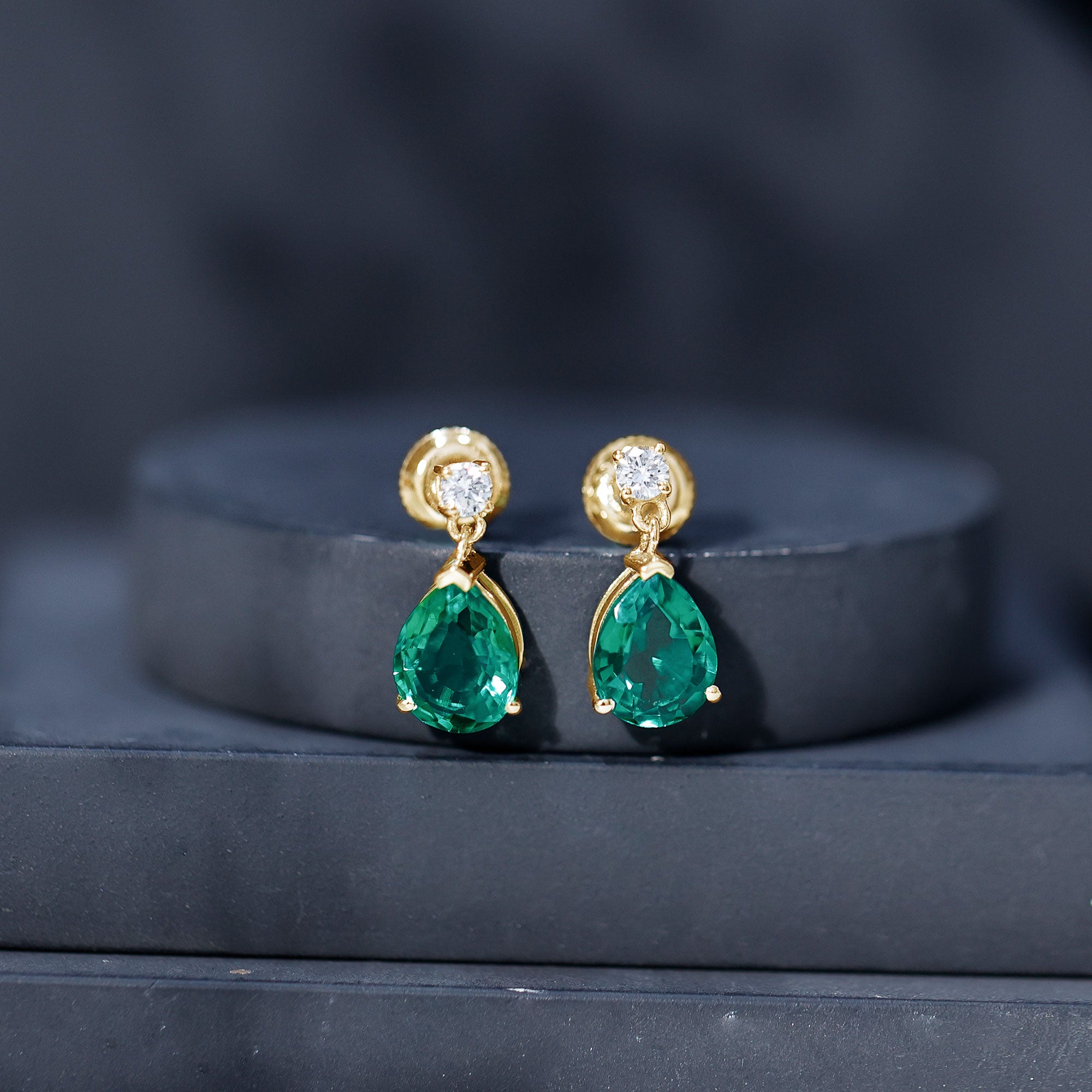 3.4 Carat Pear Cut Lab Created Emerald and Diamond Teardrop Earrings AAAA - Rosec Jewels