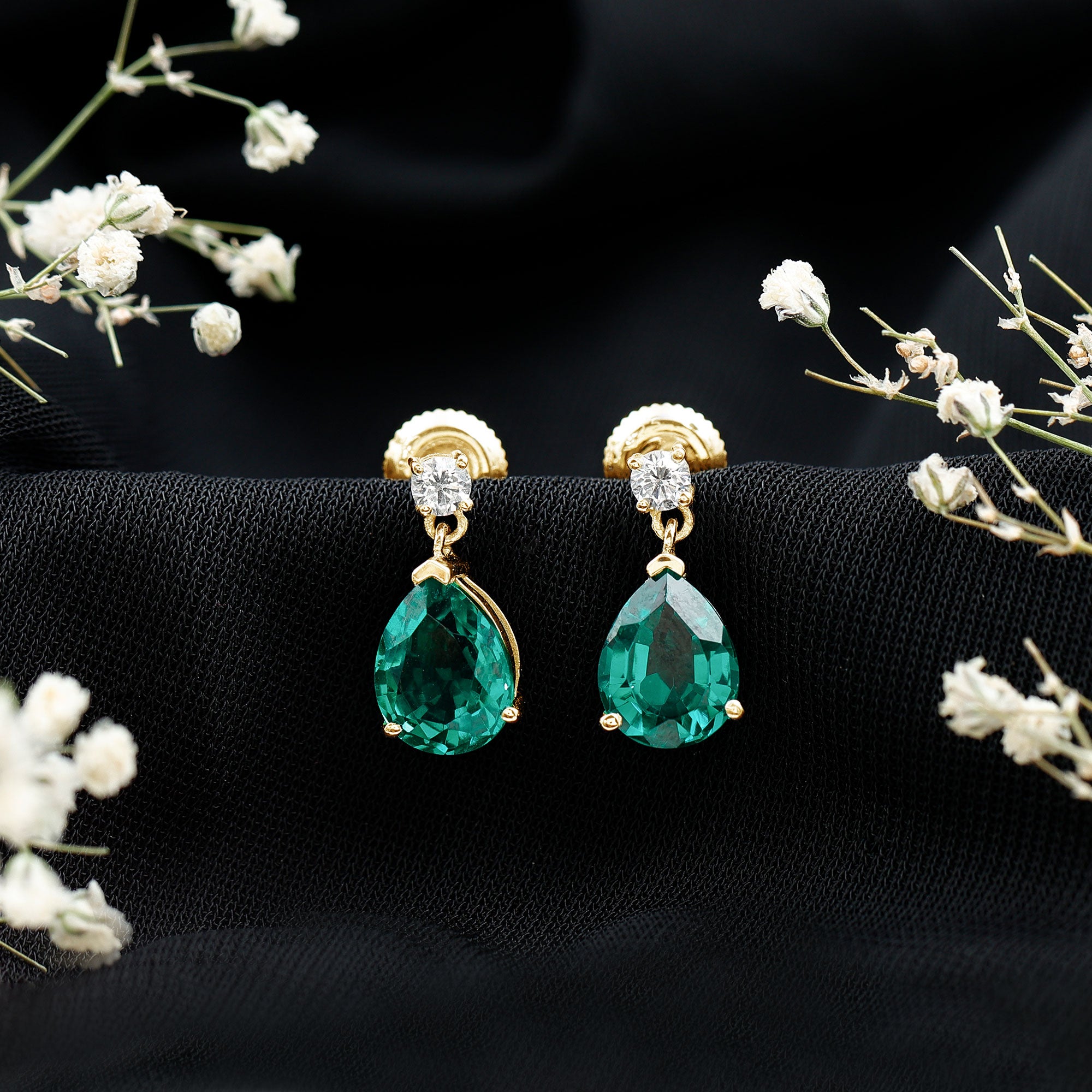 3.4 Carat Pear Cut Lab Created Emerald and Diamond Teardrop Earrings AAAA - Rosec Jewels