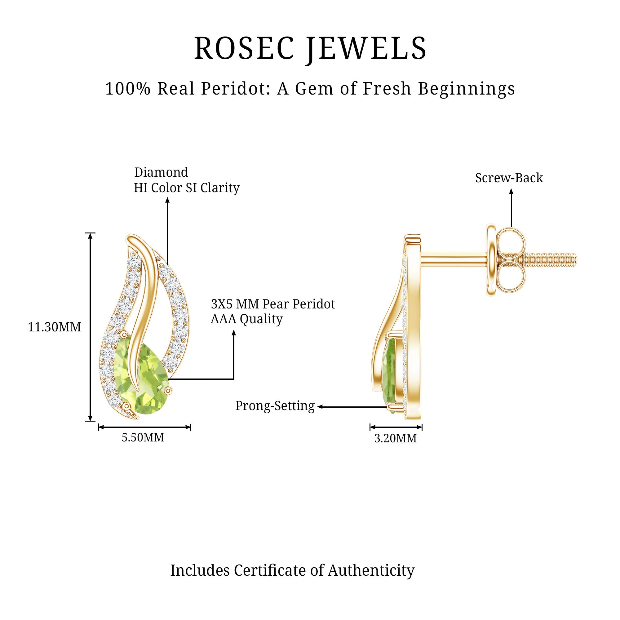 Natural Peridot Leaf Earrings with Diamond for Women AAA - Rosec Jewels