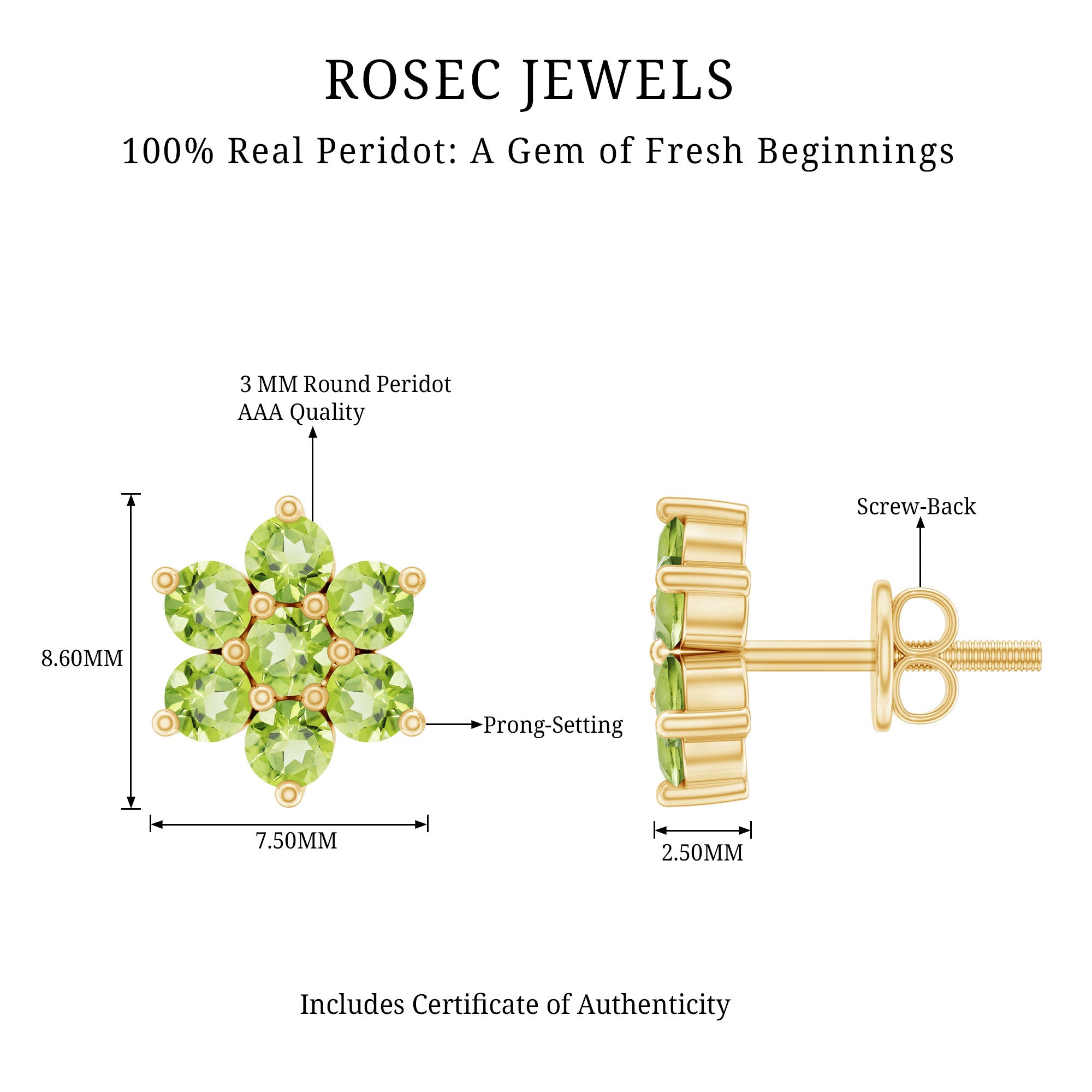 Real 2.24 Carat Peridot Flower Cluster Stud Earrings AAA - Rosec Jewels