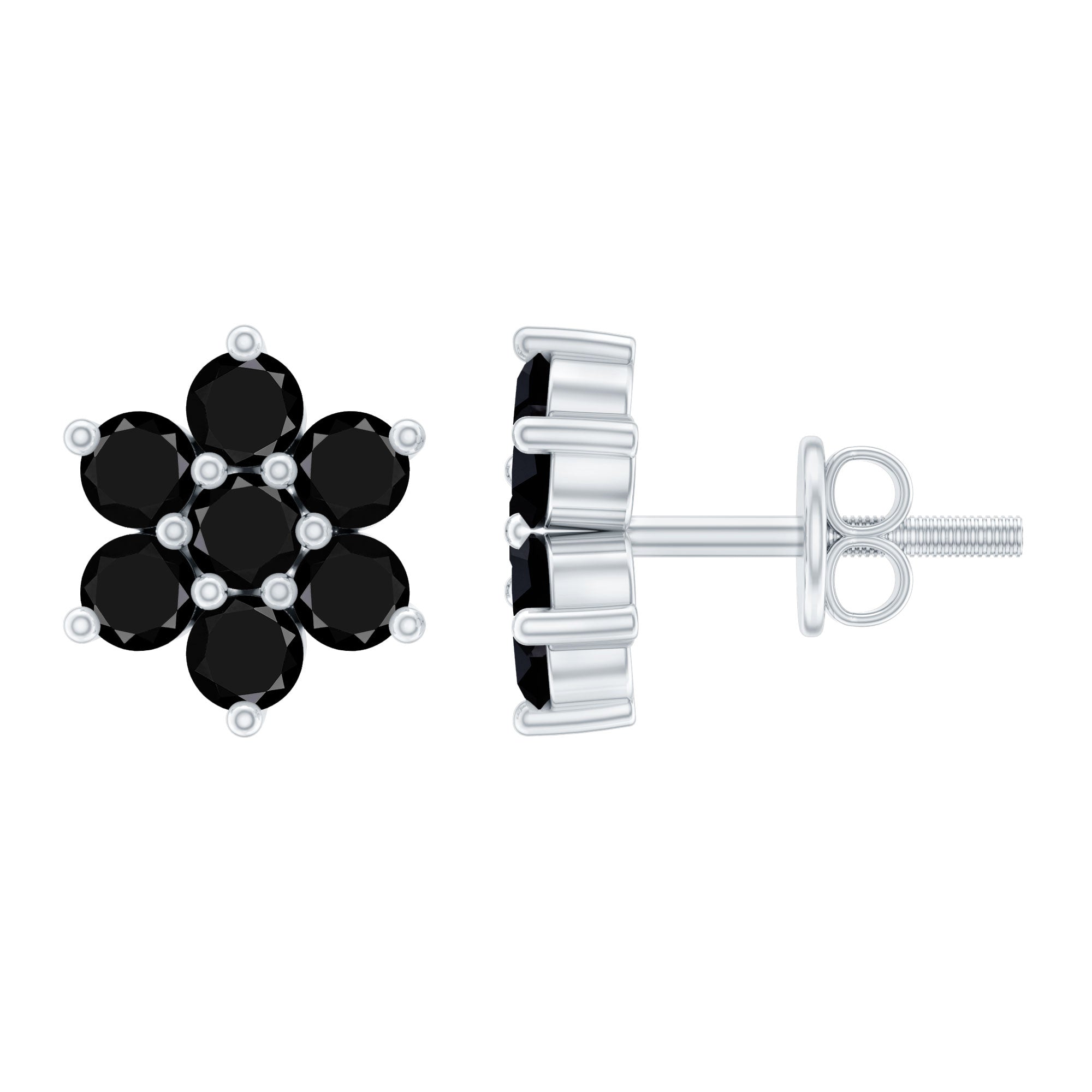Natural Black Spinel Floral Cluster Stud Earrings