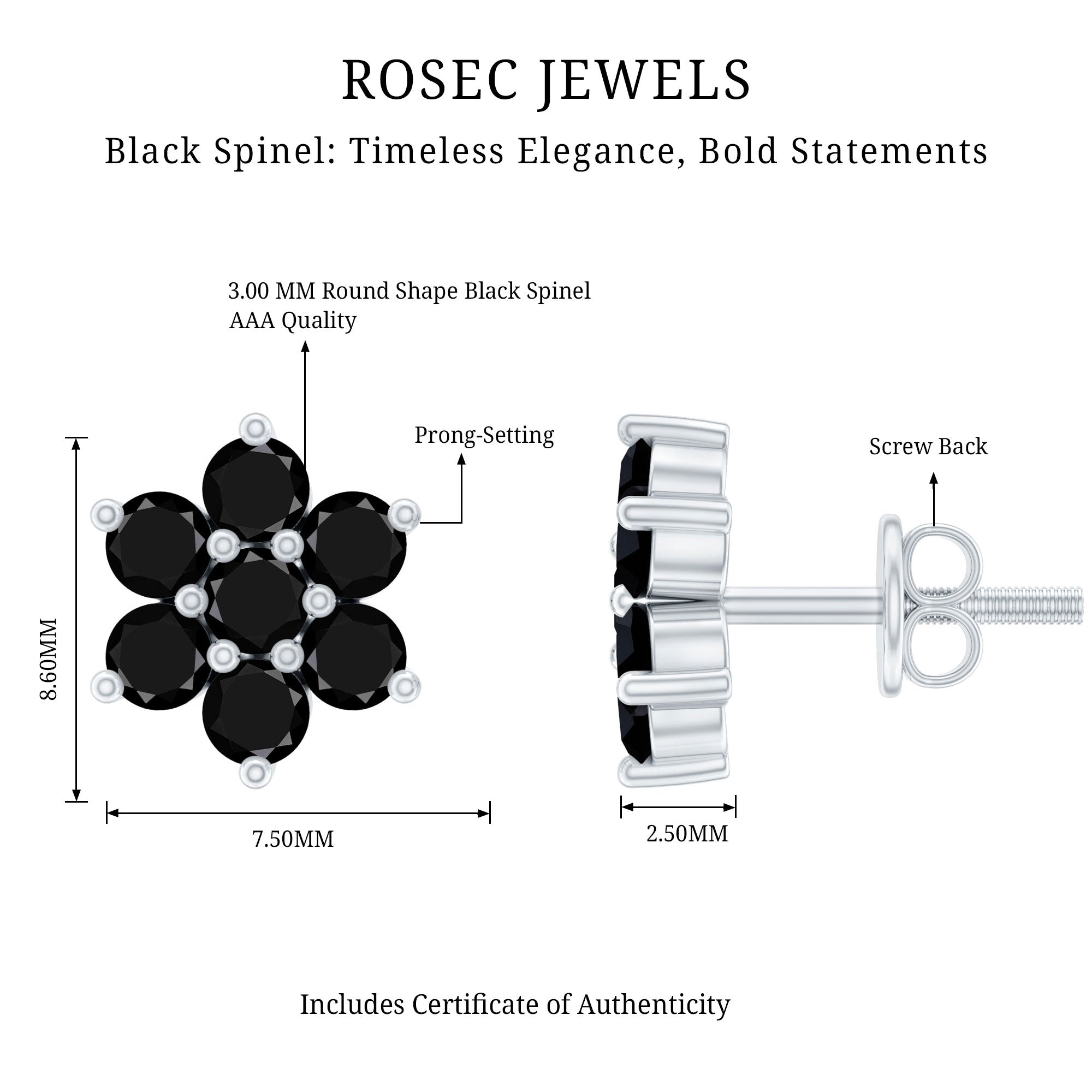 Natural Black Spinel Floral Cluster Stud Earrings AAA - Rosec Jewels