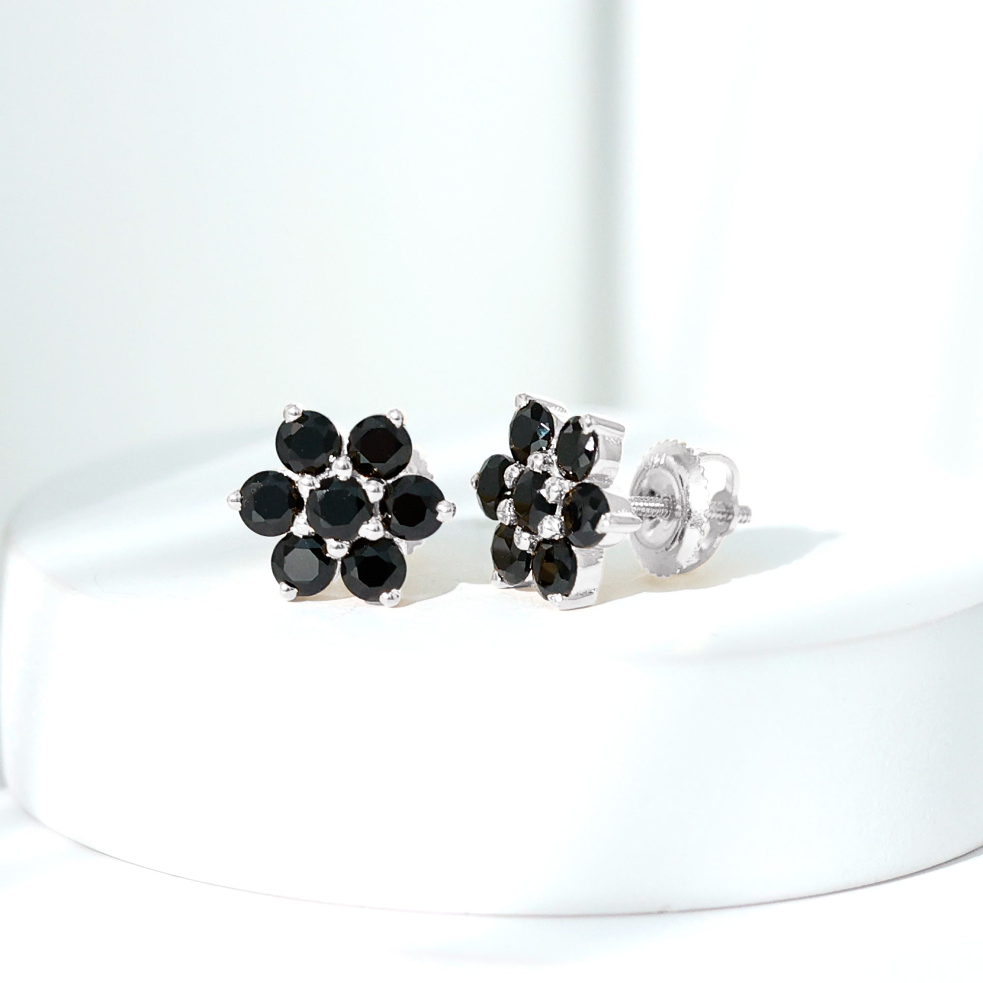 Natural Black Spinel Floral Cluster Stud Earrings AAA - Rosec Jewels