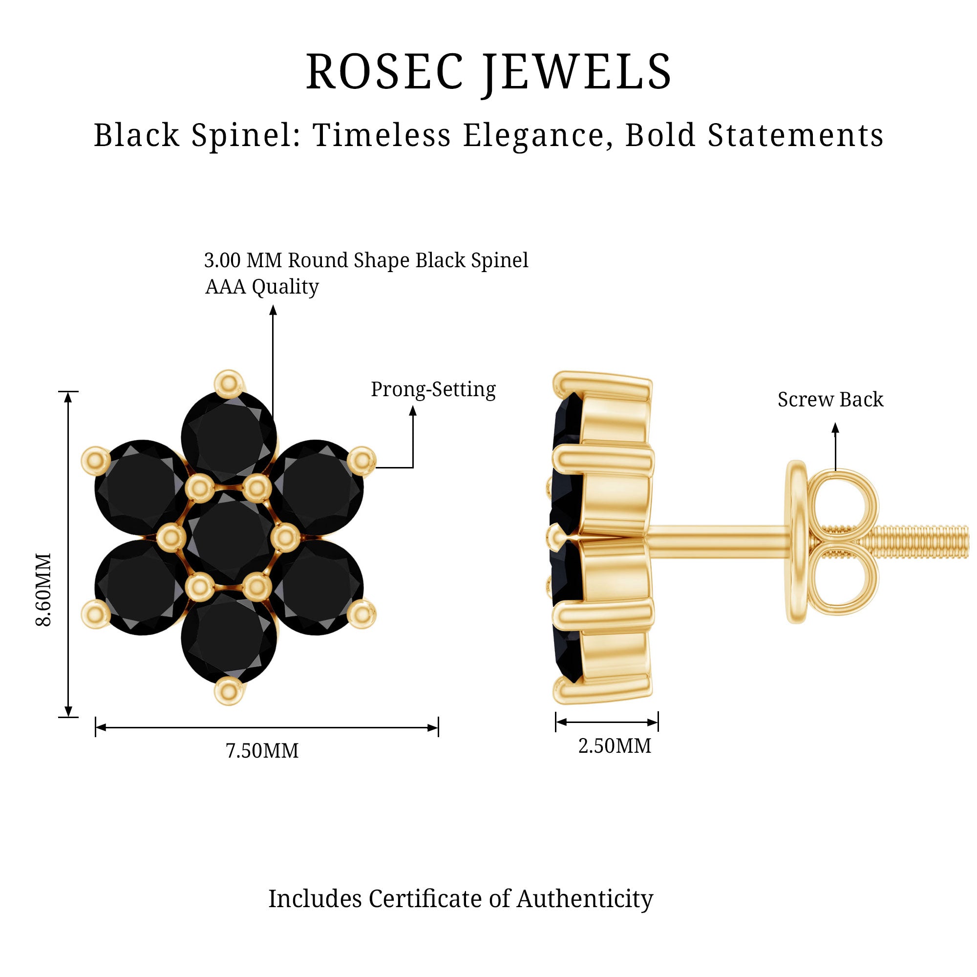 Natural Black Spinel Floral Cluster Stud Earrings AAA - Rosec Jewels
