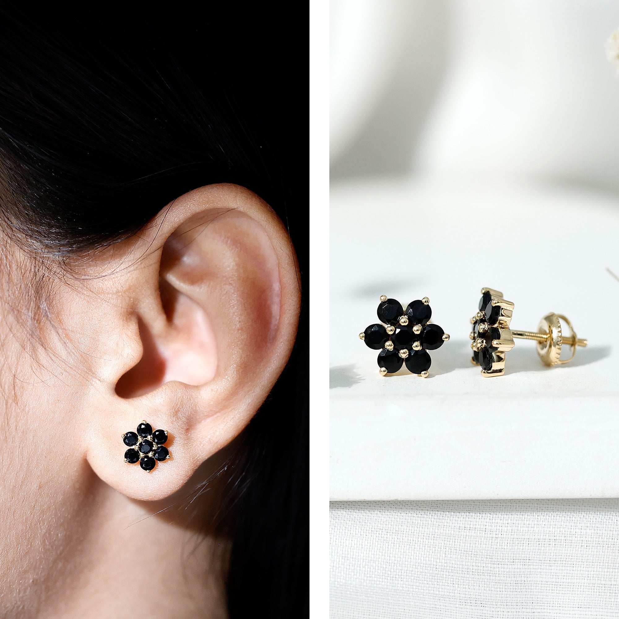 Natural Black Spinel Floral Cluster Stud Earrings AAA - Rosec Jewels