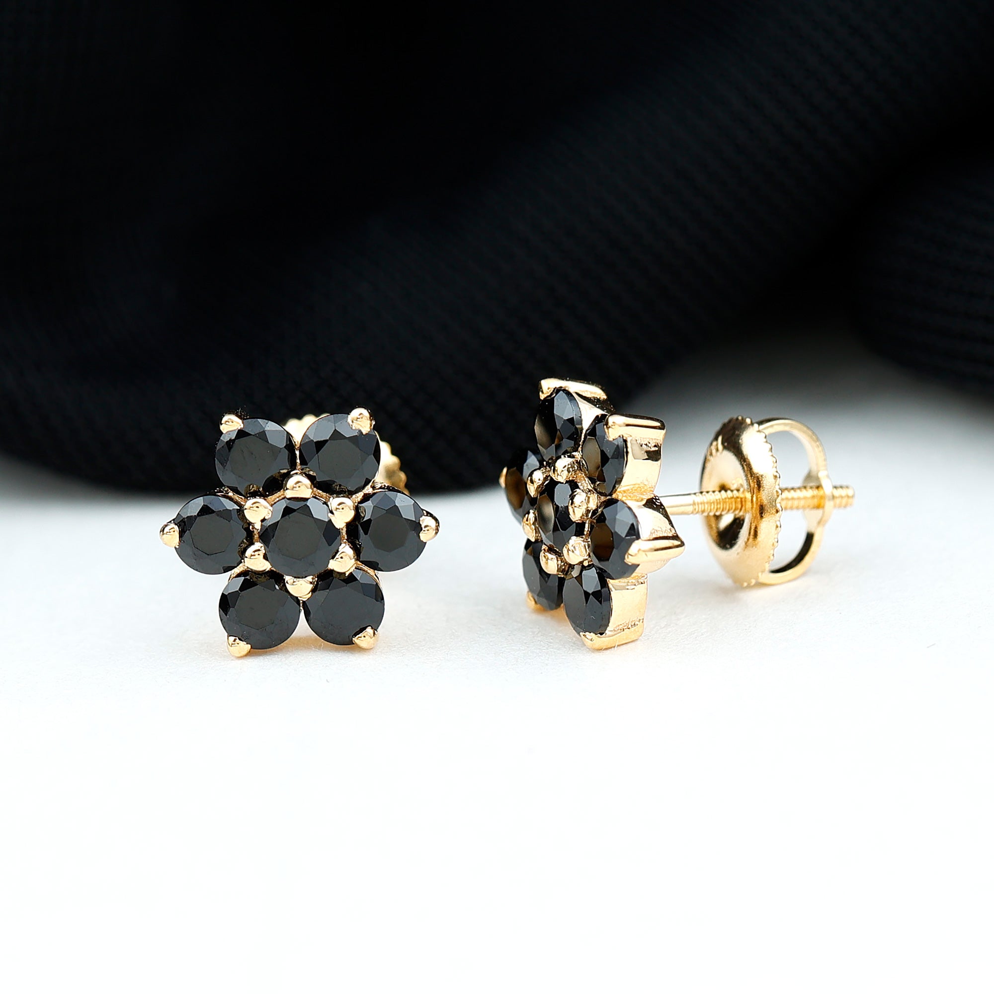 Natural Black Spinel Floral Cluster Stud Earrings AAA - Rosec Jewels