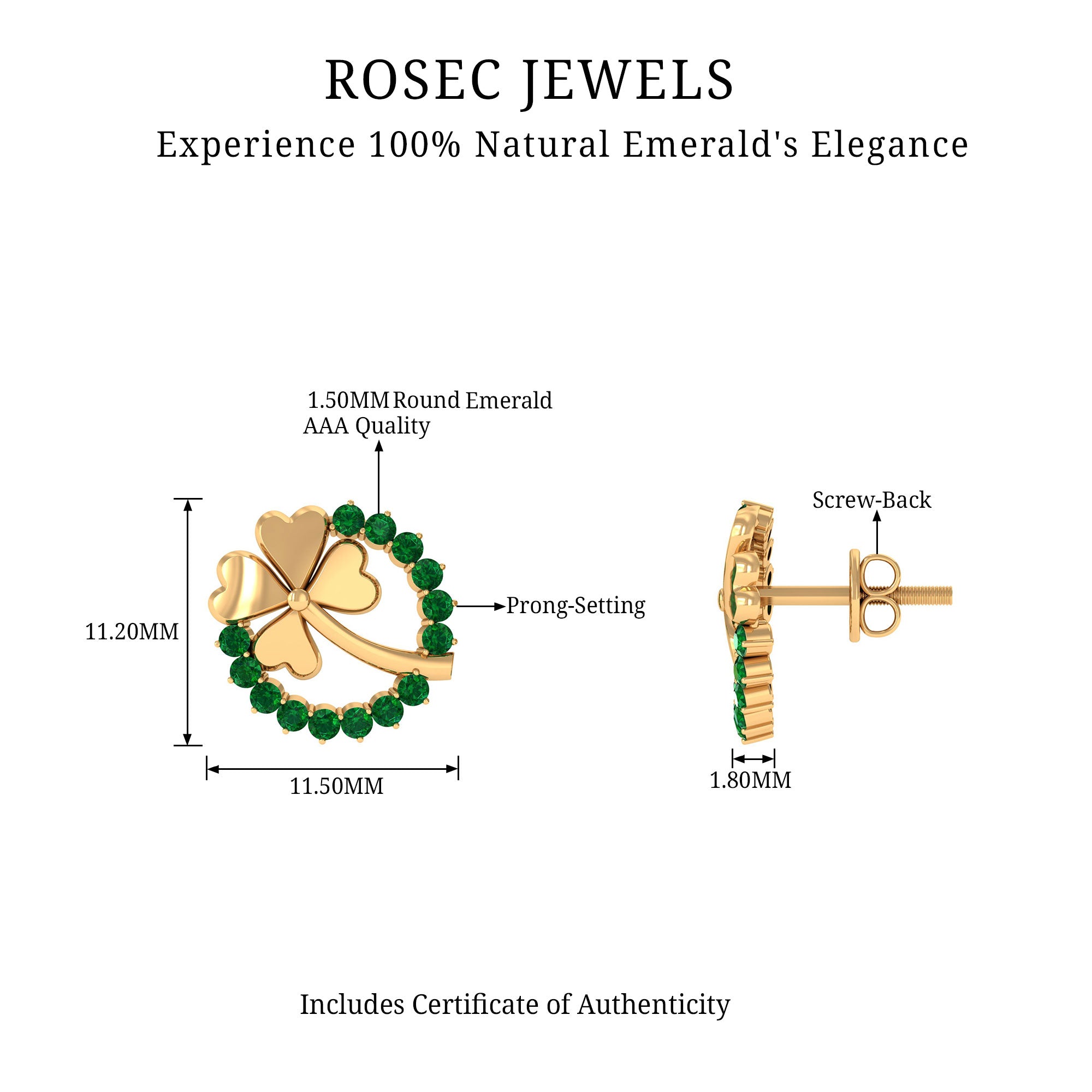 Genuine Emerald Clover Stud Earrings for Women AAA - Rosec Jewels